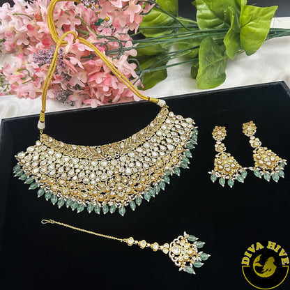 Noor 22K Gold Plated Moissanite Bridal/Semi Bridal Choker - Necklace -1 GM Gold, Diva Exclusive, Green, moissanite, Necklace - Divahive