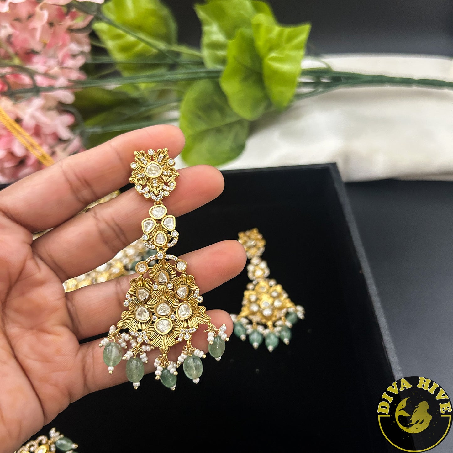 Noor 22K Gold Plated Moissanite Bridal/Semi Bridal Choker - Necklace -1 GM Gold, Diva Exclusive, Green, moissanite, Necklace - Divahive