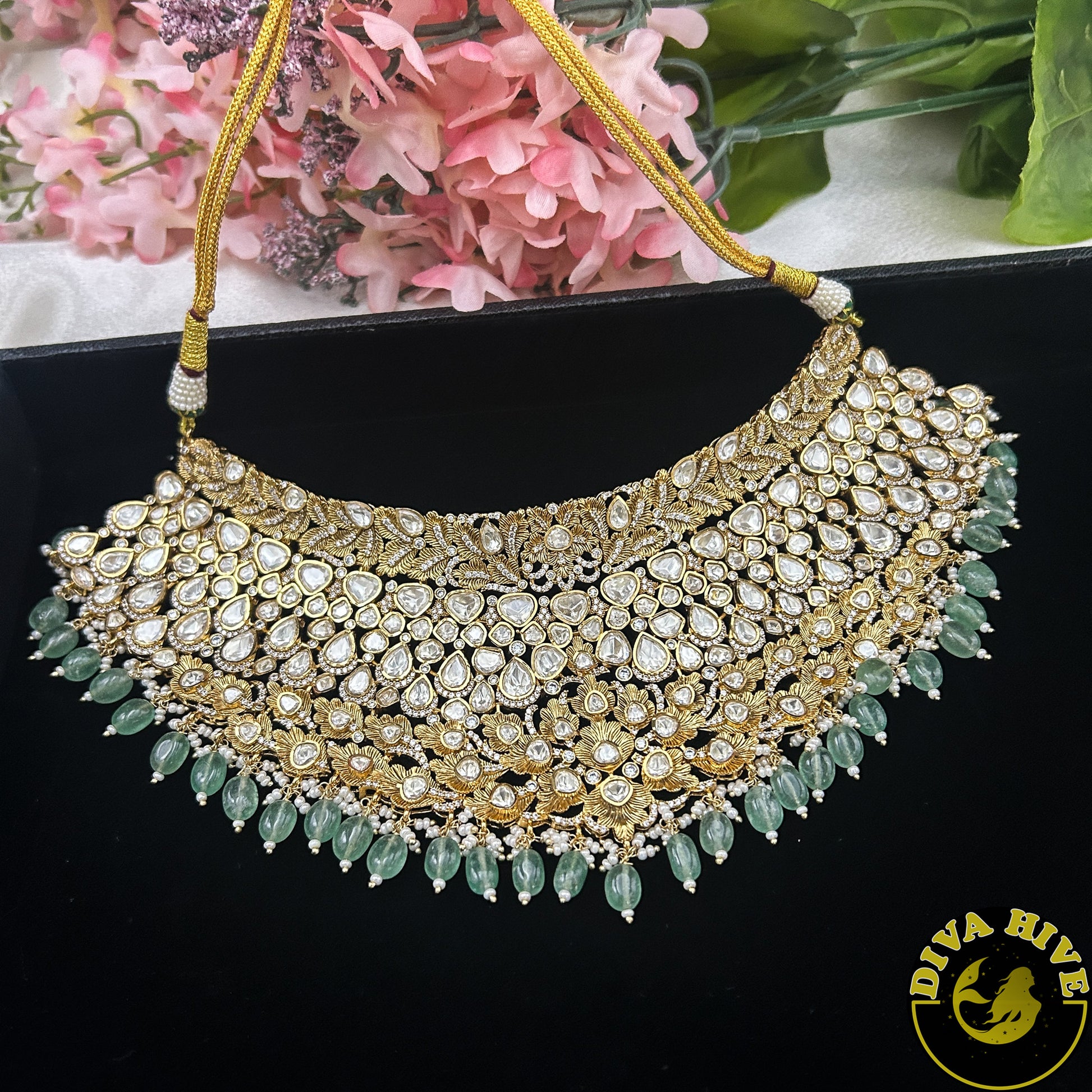 Noor 22K Gold Plated Moissanite Bridal/Semi Bridal Choker - Necklace -1 GM Gold, Diva Exclusive, Green, moissanite, Necklace - Divahive