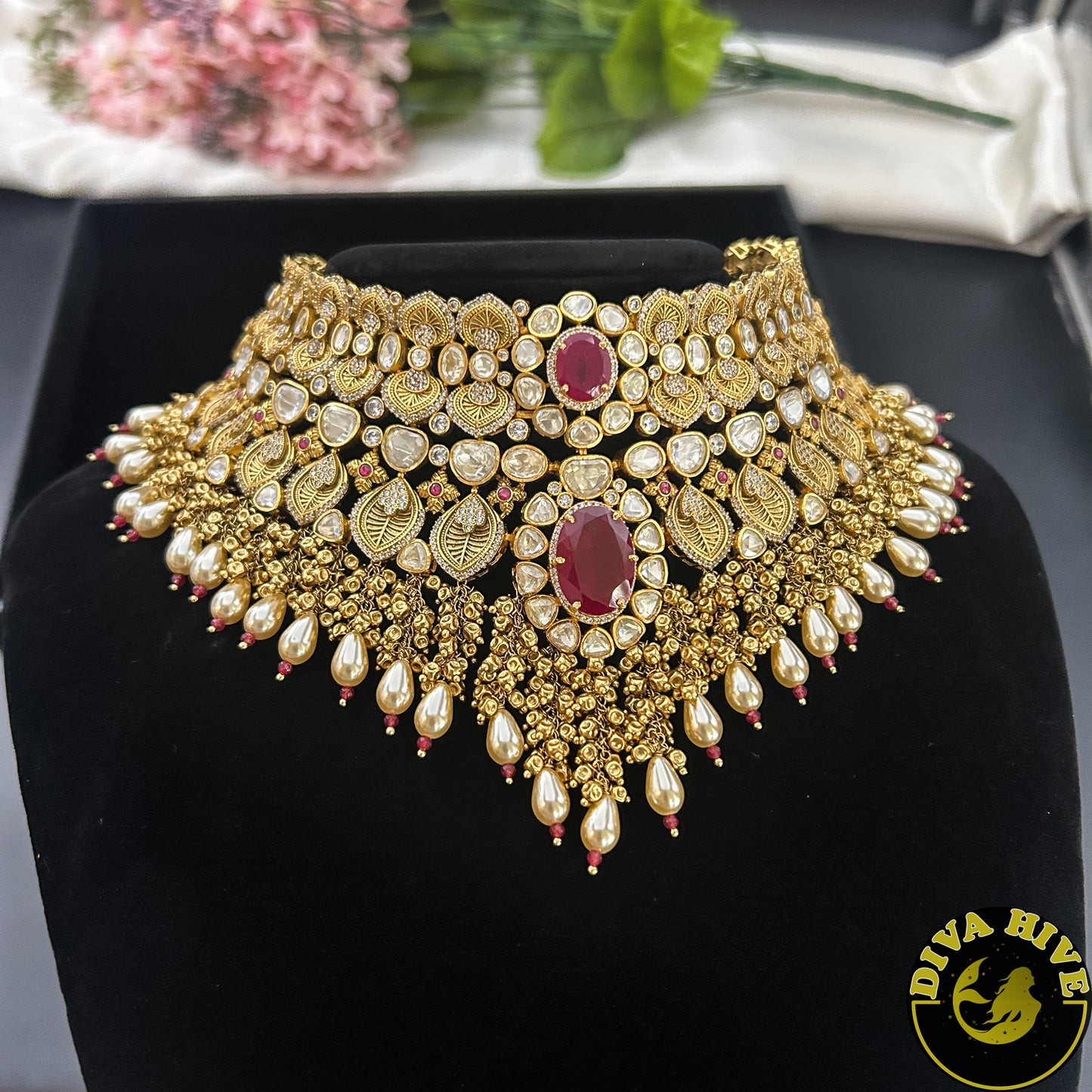 Pashmina 22K Gold Plated Moissanite Bridal/Semi Bridal Choker - Necklace -1 GM Gold, Diva Exclusive, Green, moissanite, Necklace - Divahive