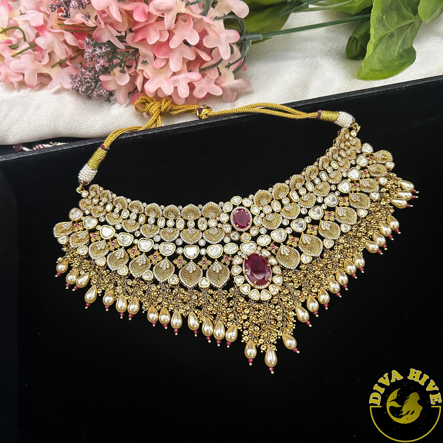 Pashmina 22K Gold Plated Moissanite Bridal/Semi Bridal Choker - Necklace -1 GM Gold, Diva Exclusive, Green, moissanite, Necklace - Divahive