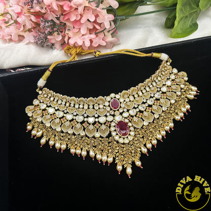 Pashmina 22K Gold Plated Moissanite Bridal/Semi Bridal Choker - Necklace -1 GM Gold, Diva Exclusive, Green, moissanite, Necklace - Divahive