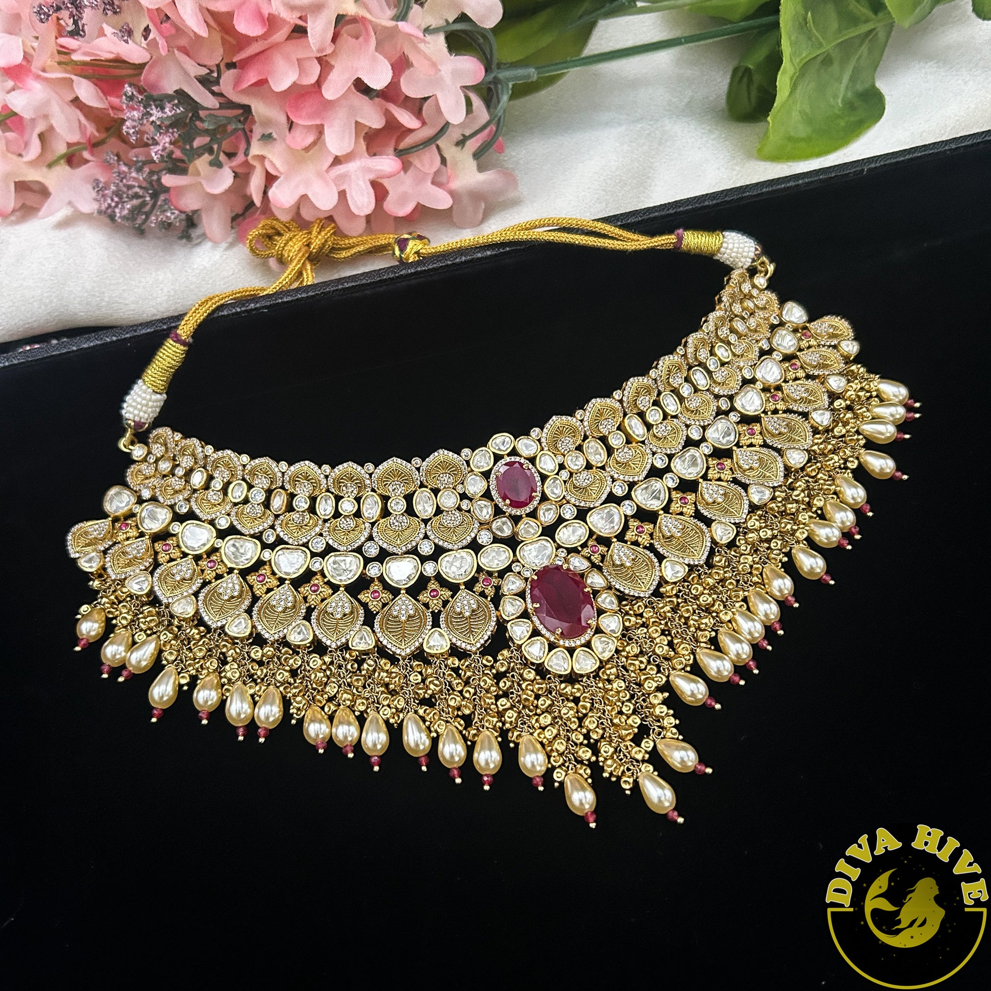 Pashmina 22K Gold Plated Moissanite Bridal/Semi Bridal Choker - Necklace -1 GM Gold, Diva Exclusive, Green, moissanite, Necklace - Divahive