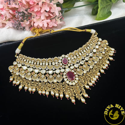 Pashmina 22K Gold Plated Moissanite Bridal/Semi Bridal Choker - Necklace -1 GM Gold, Diva Exclusive, Green, moissanite, Necklace - Divahive