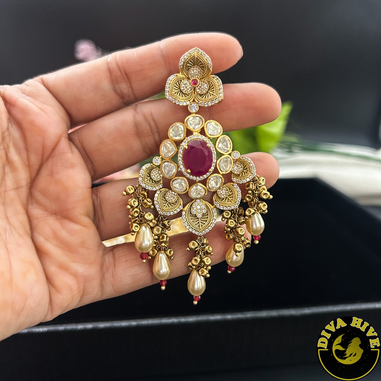 Pashmina 22K Gold Plated Moissanite Bridal/Semi Bridal Choker - Necklace -1 GM Gold, Diva Exclusive, Green, moissanite, Necklace - Divahive