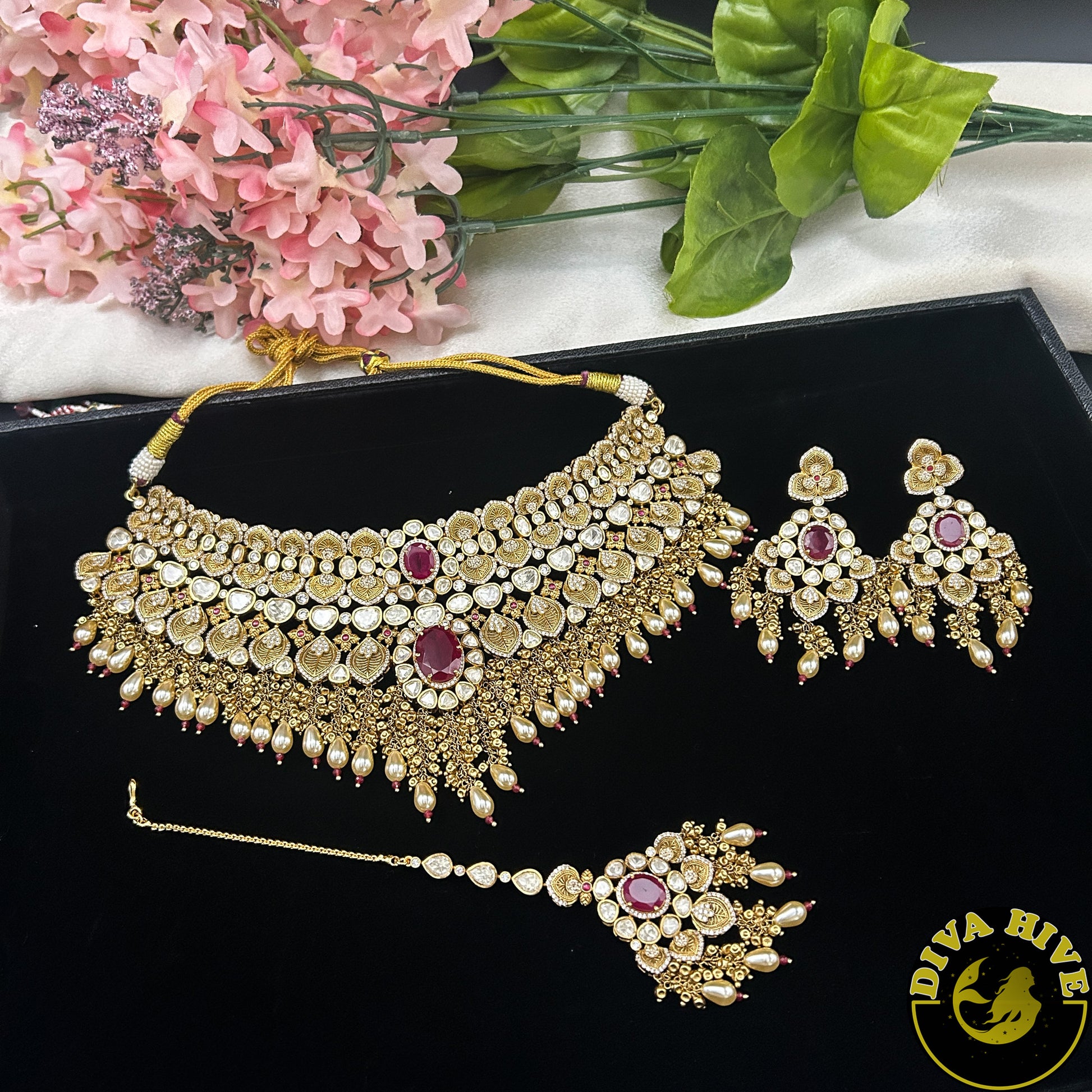 Pashmina 22K Gold Plated Moissanite Bridal/Semi Bridal Choker - Necklace -1 GM Gold, Diva Exclusive, Green, moissanite, Necklace - Divahive