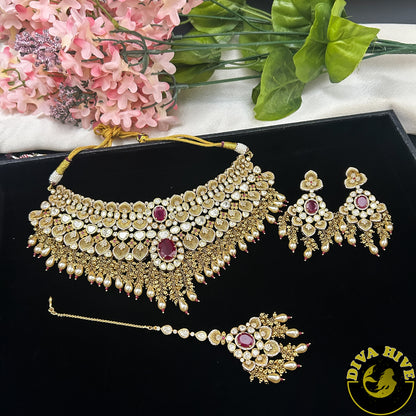 Pashmina 22K Gold Plated Moissanite Bridal/Semi Bridal Choker - Necklace -1 GM Gold, Diva Exclusive, Green, moissanite, Necklace - Divahive