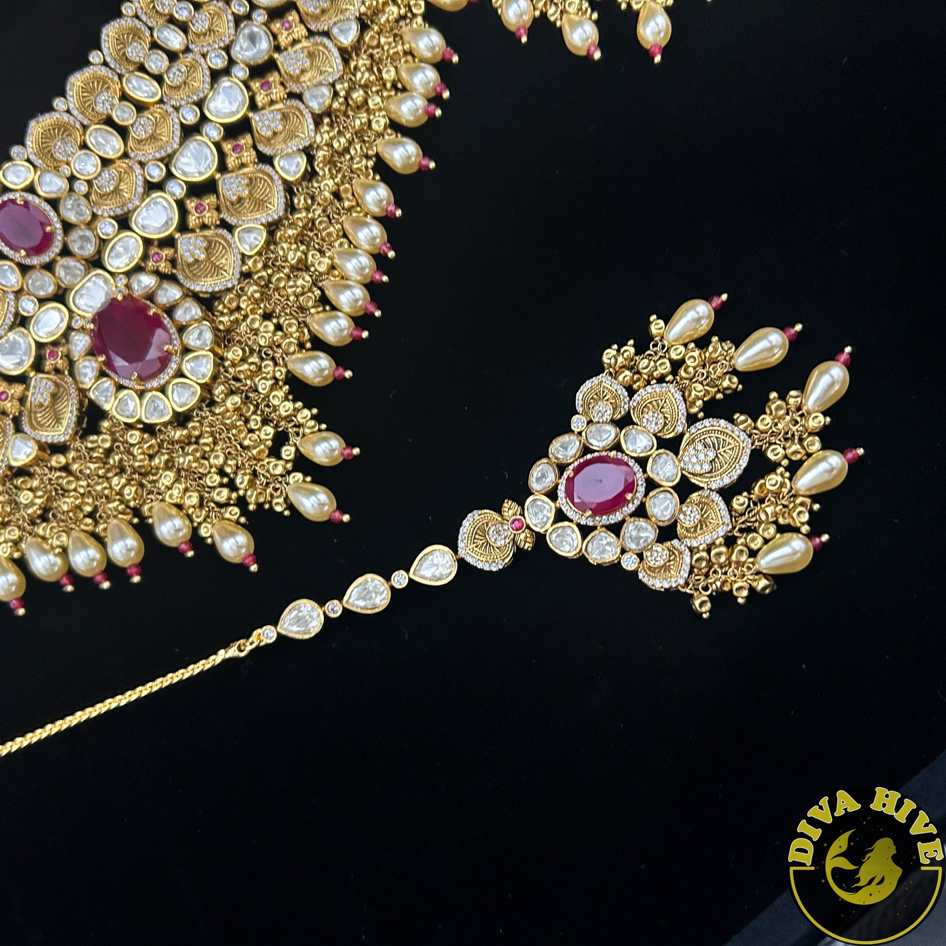 Pashmina 22K Gold Plated Moissanite Bridal/Semi Bridal Choker - Necklace -1 GM Gold, Diva Exclusive, Green, moissanite, Necklace - Divahive