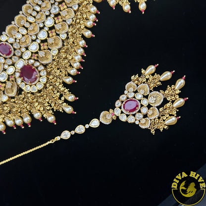 Pashmina 22K Gold Plated Moissanite Bridal/Semi Bridal Choker - Necklace -1 GM Gold, Diva Exclusive, Green, moissanite, Necklace - Divahive