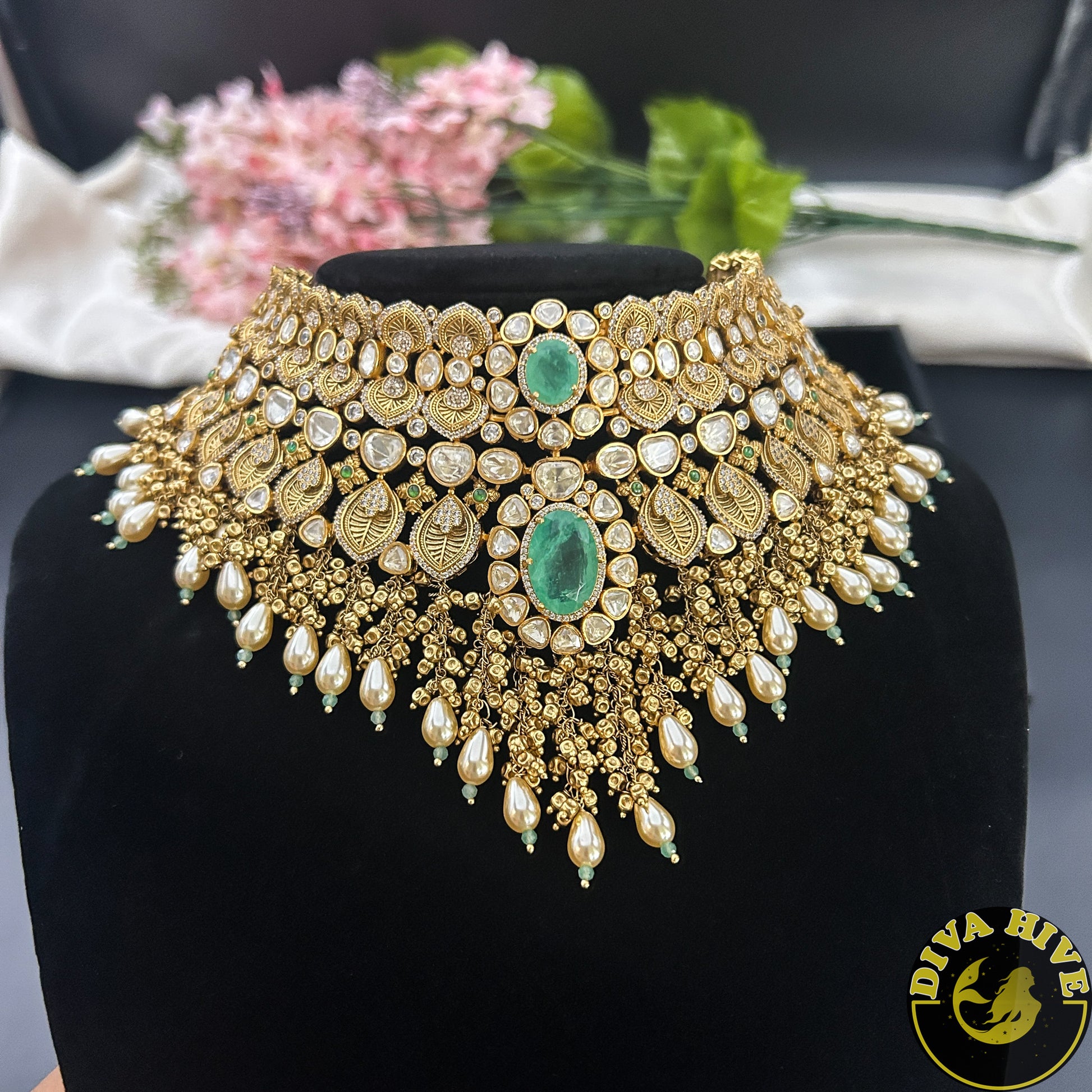 Pashmina 22K Gold Plated Moissanite Bridal/Semi Bridal Choker - Necklace -1 GM Gold, Diva Exclusive, Green, moissanite, Necklace - Divahive