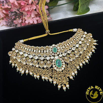 Pashmina 22K Gold Plated Moissanite Bridal/Semi Bridal Choker - Necklace -1 GM Gold, Diva Exclusive, Green, moissanite, Necklace - Divahive
