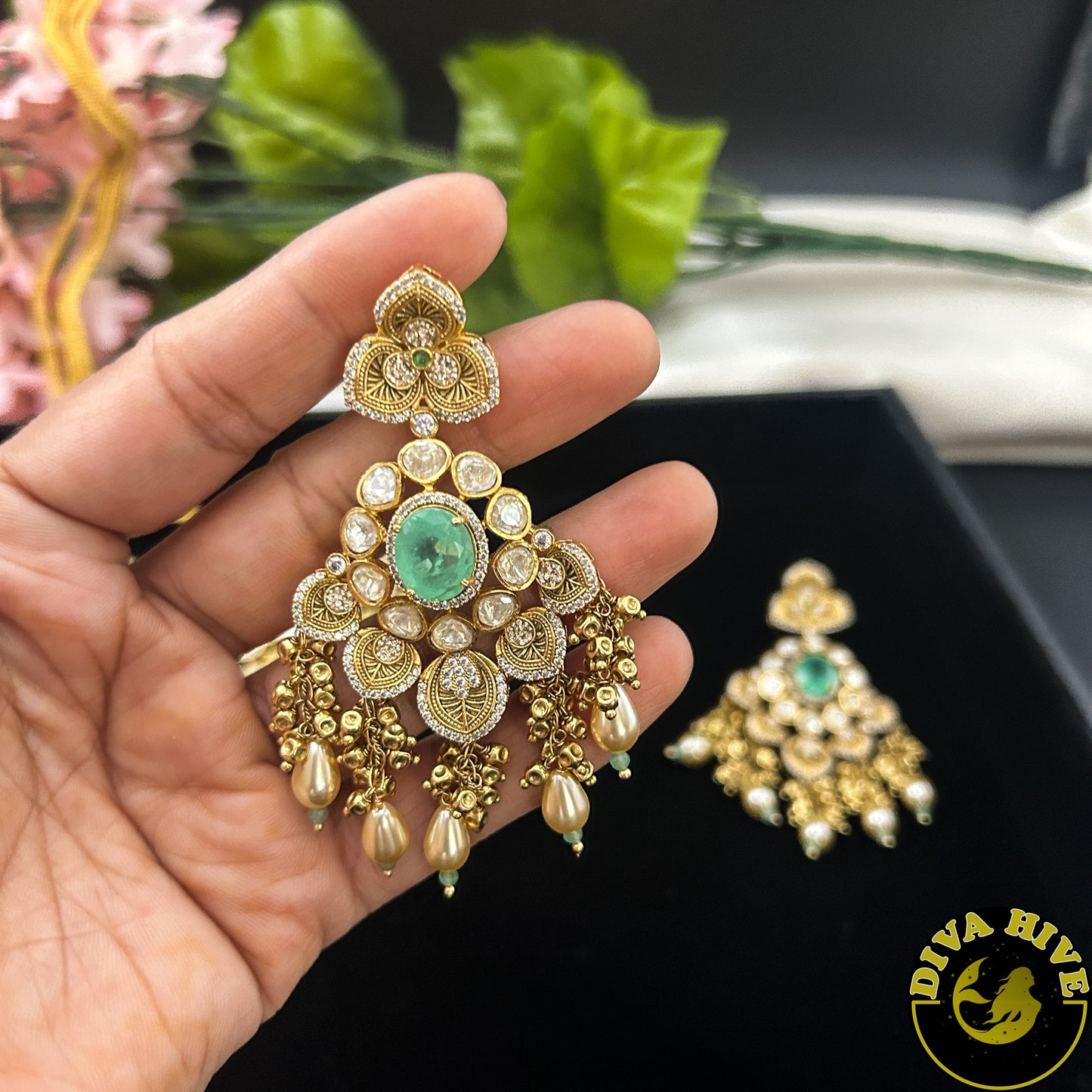 Pashmina 22K Gold Plated Moissanite Bridal/Semi Bridal Choker - Necklace -1 GM Gold, Diva Exclusive, Green, moissanite, Necklace - Divahive