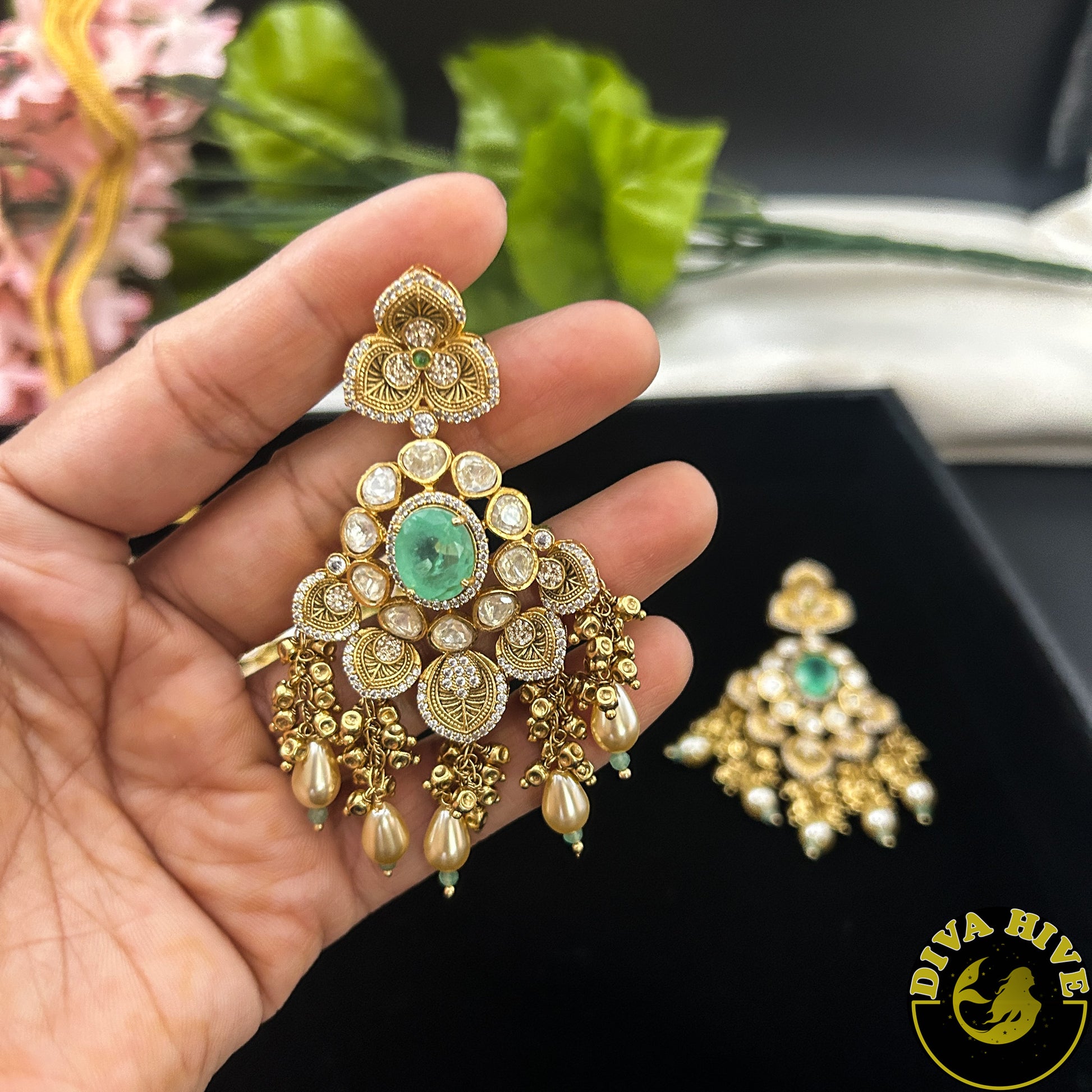 Pashmina 22K Gold Plated Moissanite Bridal/Semi Bridal Choker - Necklace -1 GM Gold, Diva Exclusive, Green, moissanite, Necklace - Divahive