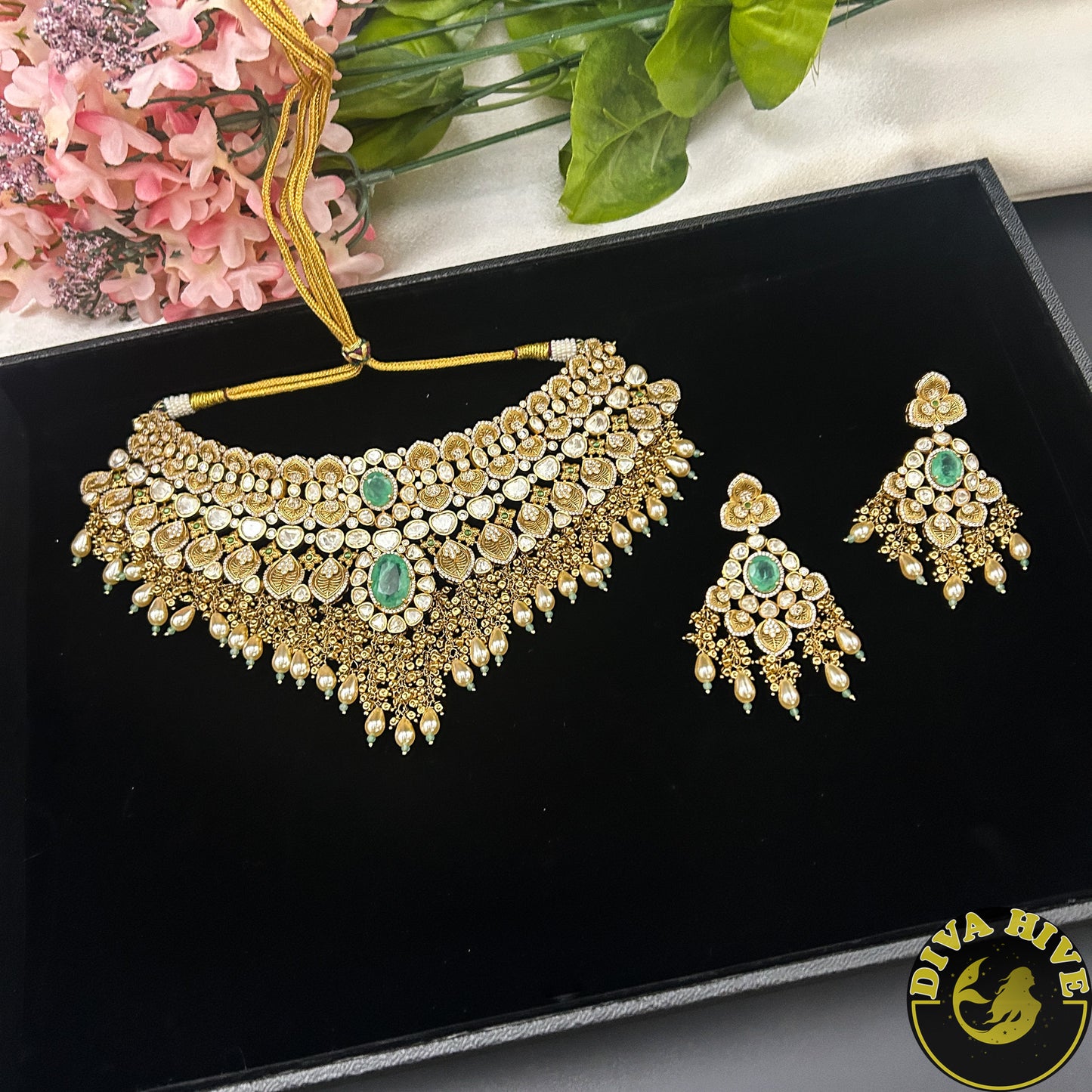 Pashmina 22K Gold Plated Moissanite Bridal/Semi Bridal Choker - Necklace -1 GM Gold, Diva Exclusive, Green, moissanite, Necklace - Divahive