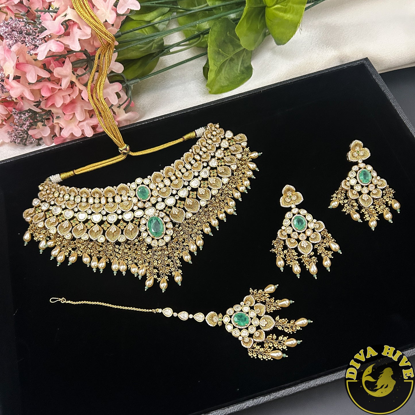 Pashmina 22K Gold Plated Moissanite Bridal/Semi Bridal Choker - Necklace -1 GM Gold, Diva Exclusive, Green, moissanite, Necklace - Divahive