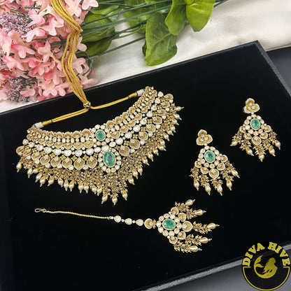 Pashmina 22K Gold Plated Moissanite Bridal/Semi Bridal Choker - Necklace -1 GM Gold, Diva Exclusive, Green, moissanite, Necklace - Divahive