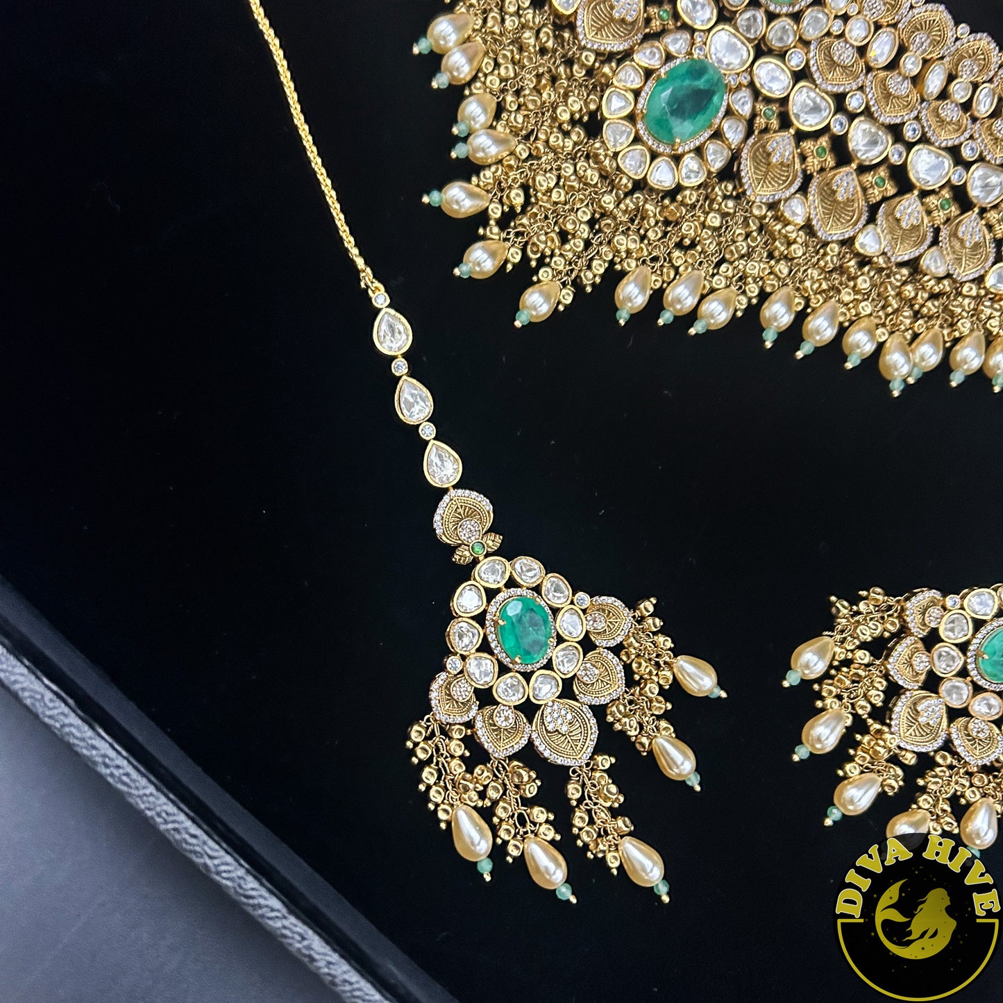 Pashmina 22K Gold Plated Moissanite Bridal/Semi Bridal Choker - Necklace -1 GM Gold, Diva Exclusive, Green, moissanite, Necklace - Divahive