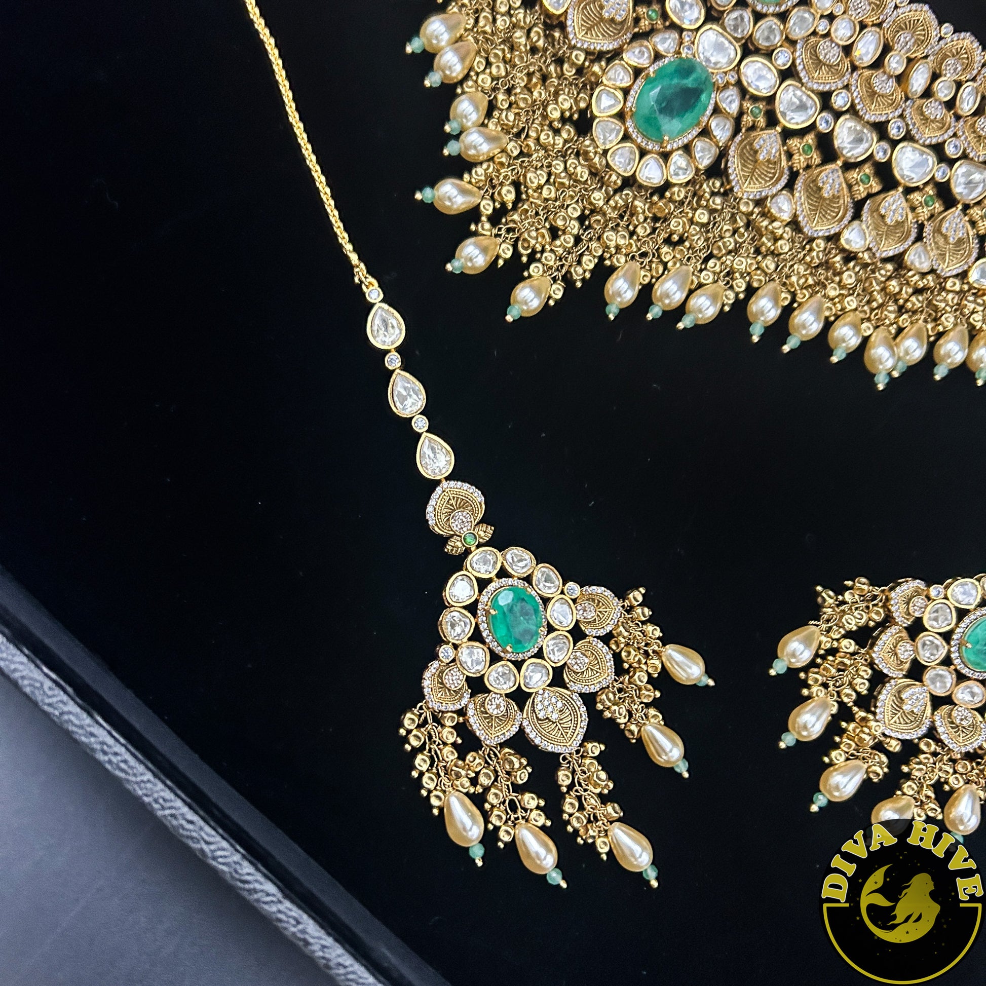 Pashmina 22K Gold Plated Moissanite Bridal/Semi Bridal Choker - Necklace -1 GM Gold, Diva Exclusive, Green, moissanite, Necklace - Divahive