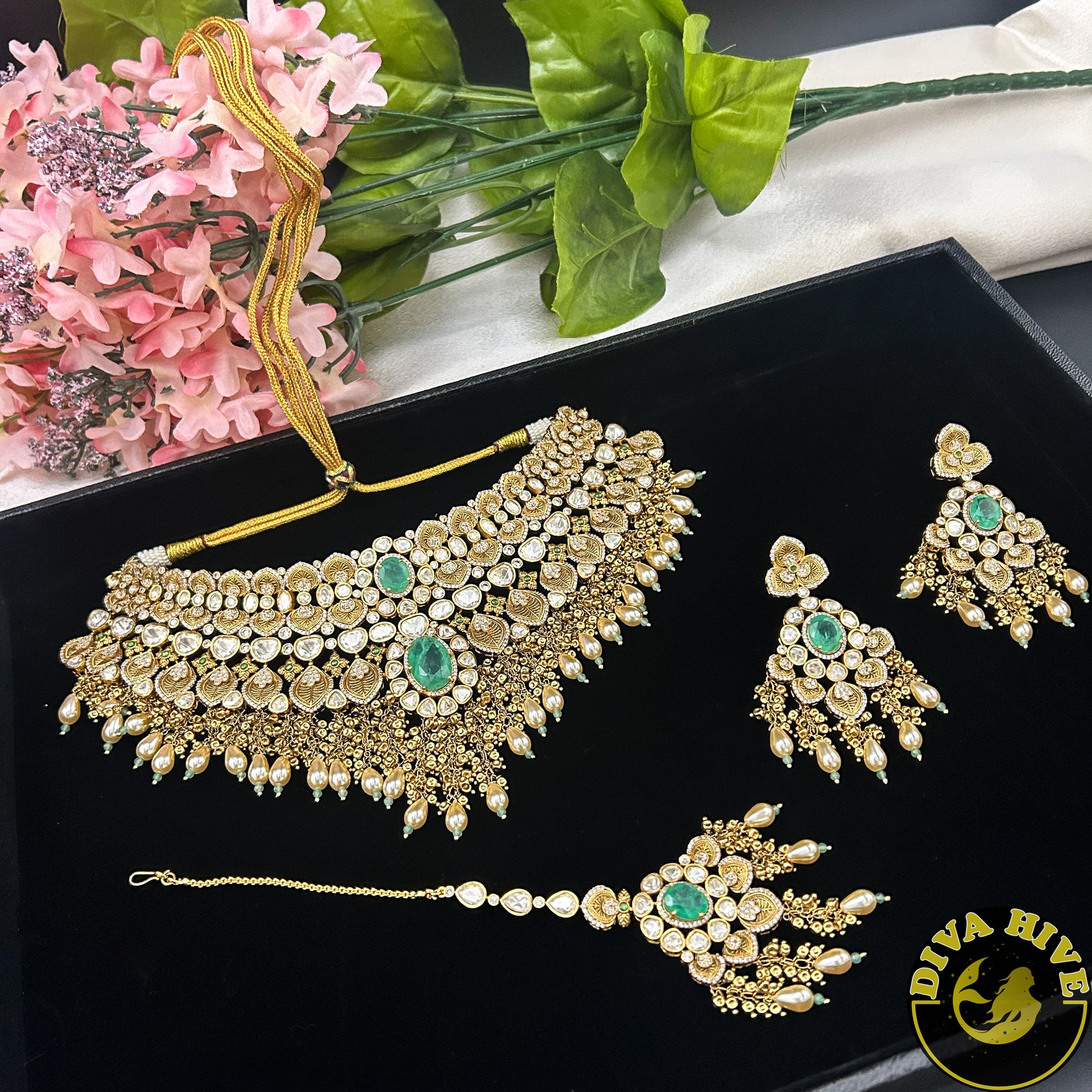 Pashmina 22K Gold Plated Moissanite Bridal/Semi Bridal Choker - Necklace -1 GM Gold, Diva Exclusive, Green, moissanite, Necklace - Divahive