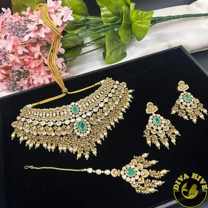 Pashmina 22K Gold Plated Moissanite Bridal/Semi Bridal Choker - Necklace -1 GM Gold, Diva Exclusive, Green, moissanite, Necklace - Divahive