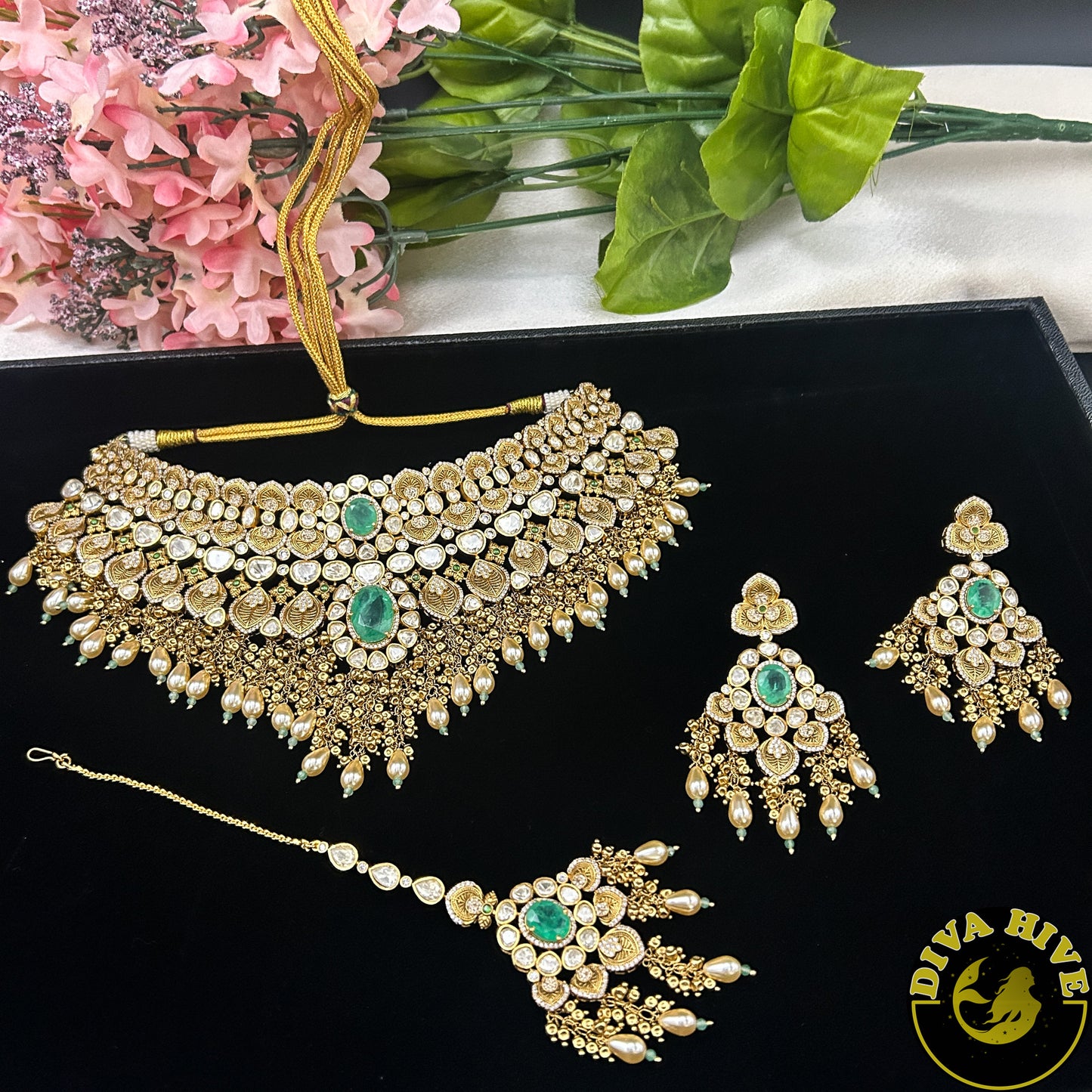 Pashmina 22K Gold Plated Moissanite Bridal/Semi Bridal Choker - Necklace -1 GM Gold, Diva Exclusive, Green, moissanite, Necklace - Divahive