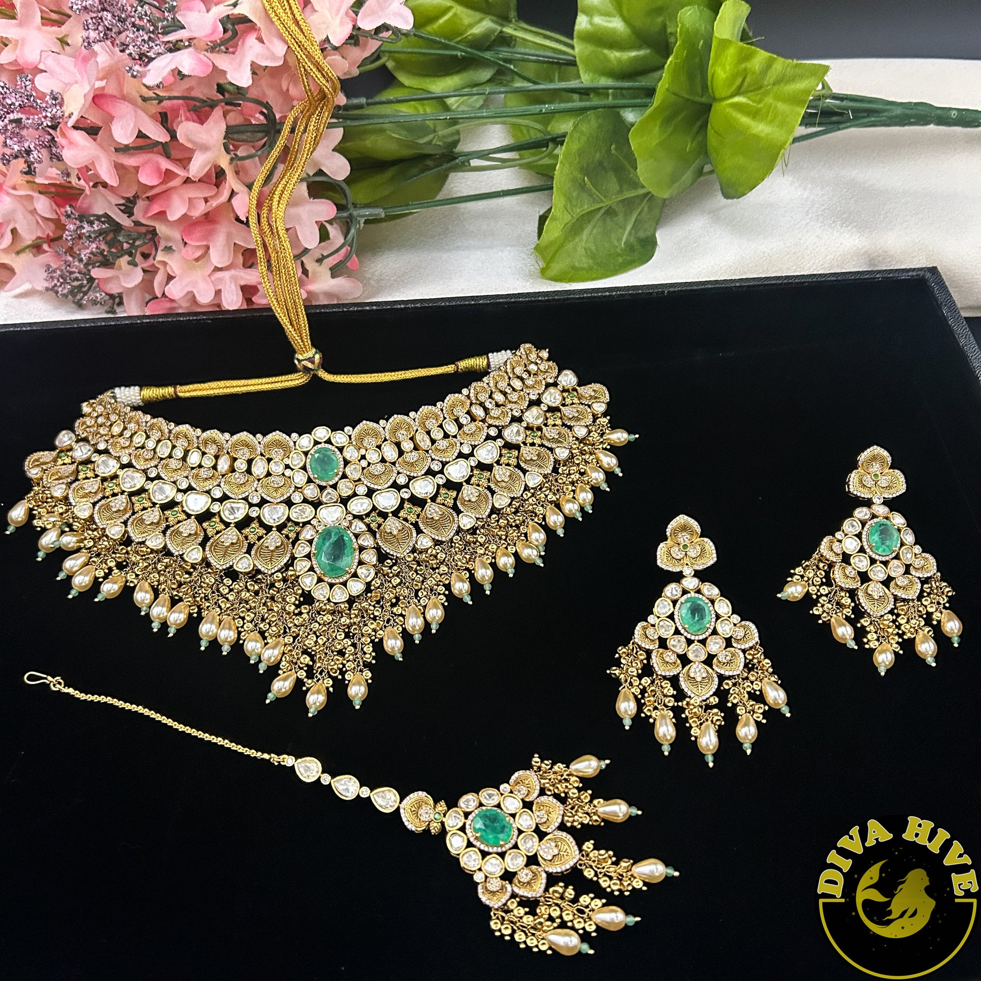 Pashmina 22K Gold Plated Moissanite Bridal/Semi Bridal Choker - Necklace -1 GM Gold, Diva Exclusive, Green, moissanite, Necklace - Divahive
