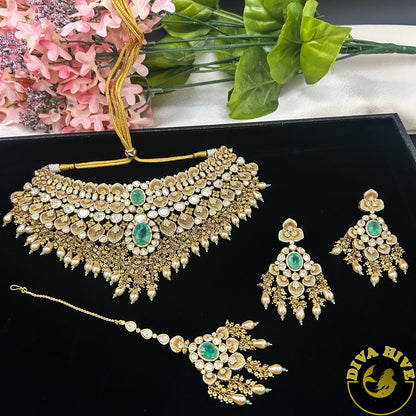 Pashmina 22K Gold Plated Moissanite Bridal/Semi Bridal Choker - Necklace -1 GM Gold, Diva Exclusive, Green, moissanite, Necklace - Divahive