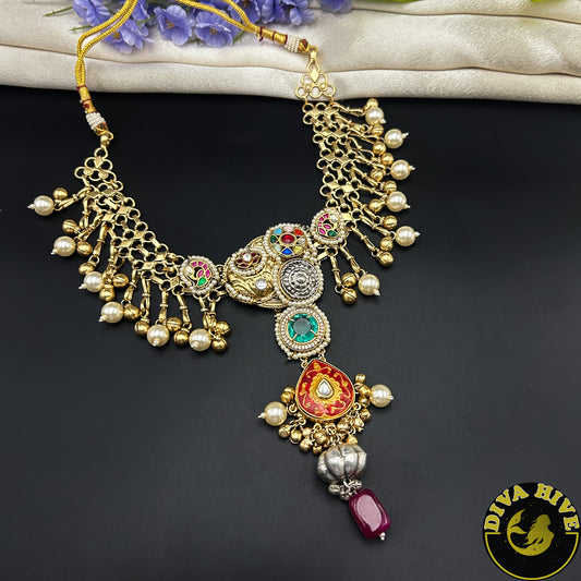Veera Long Fusion Necklace | Silver Statement Necklace | Diva Exclusive Necklace