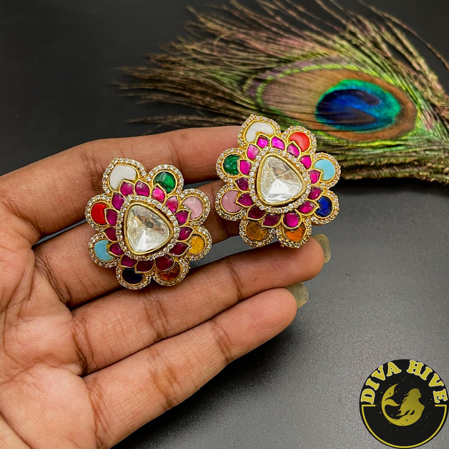 Navratan Polki Stud for casual wear - Earring -Diva Exclusive, Kundan, Studs - Divahive