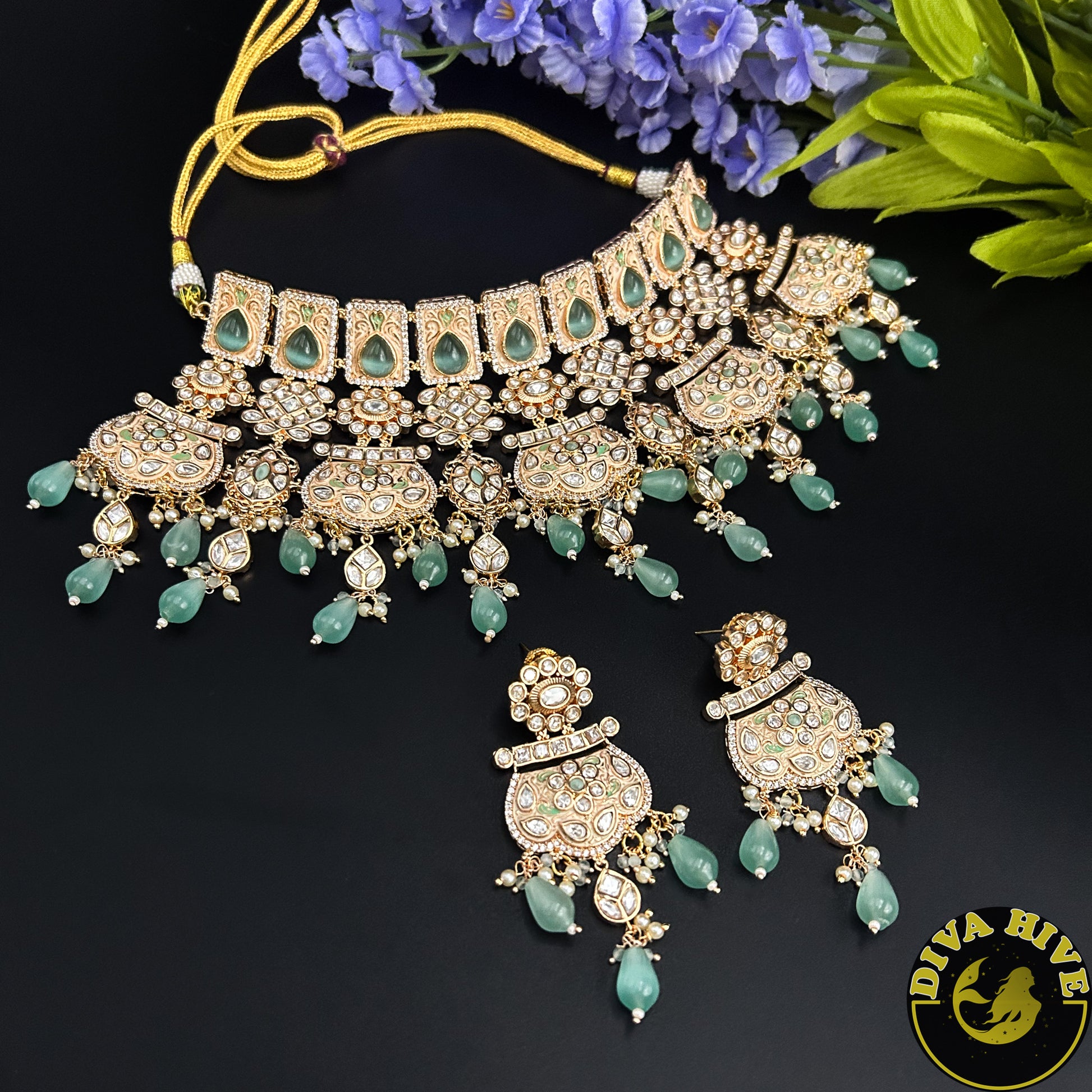 Manika Kundan Meena  Necklace -  -carved stone, Kundan, Necklace, pachi kundan - Divahive