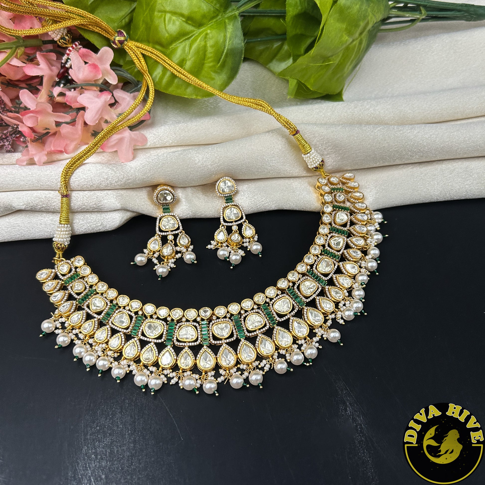 Malika 24K Gold Plated Moissanite Necklace Set - Necklace -["1 GM Gold","Diva Exclusive","Green","moissanite","Necklace"] - Divahive