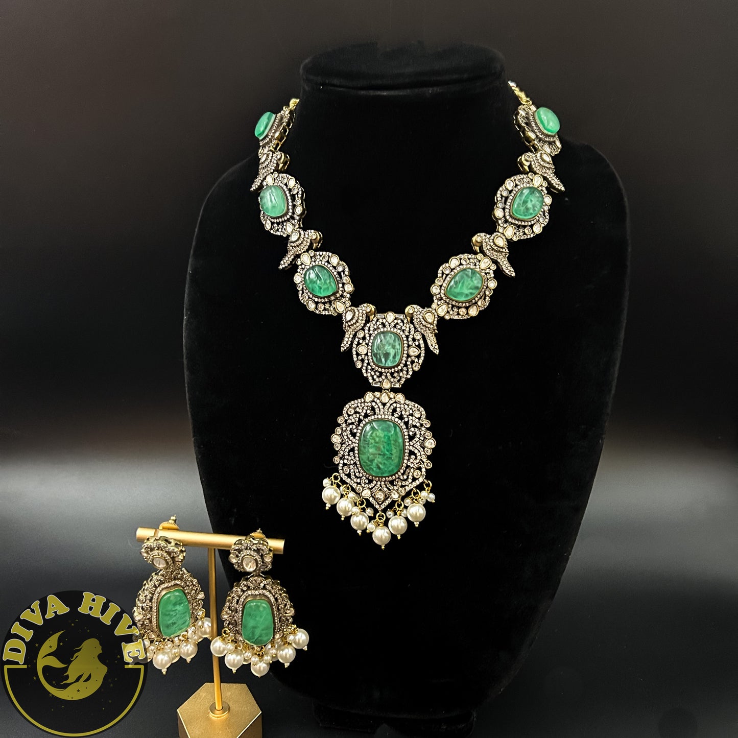 Peacock Moissanite Doublet Victorian Necklace Set| Statement Choker | Diva Exclusive Necklace - Necklace -Choker, Diva Exclusive, Doublet, featured, moissanite, Necklace - Divahive