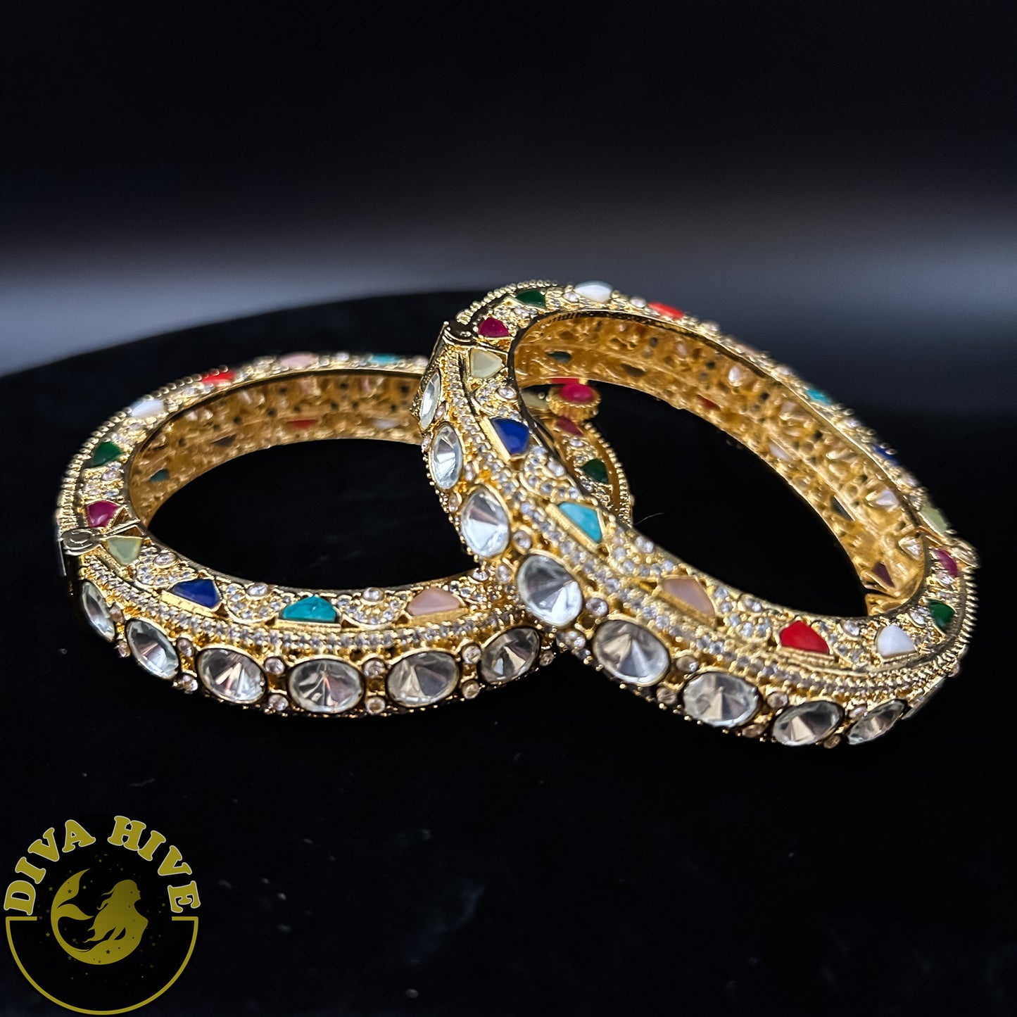 Gold Finish Moissanite Bangle | Diva Exclusive Bangle - Bangle -Bangle, Bracelet, Kundan, moissanite - Divahive