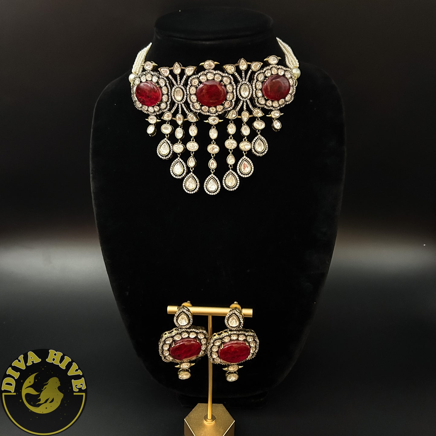 Moissanite and Doublet Choker| Designer Wear | Statement Necklace - Necklace -Diva Exclusive, Doublet, Kundan, moissanite, Necklace - Divahive