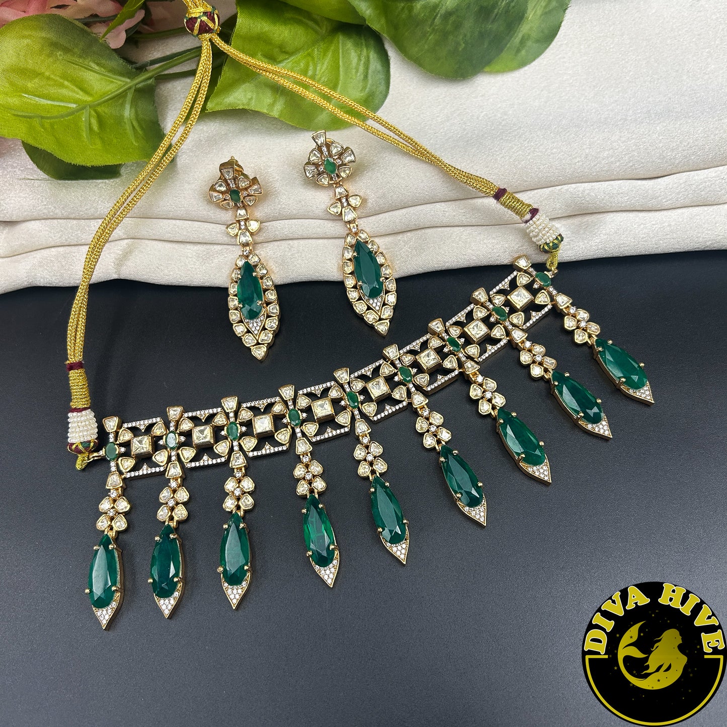 Kashish 22K Gold Plated Moissanite Bridal/Semi Bridal Choker - Necklace -["1 GM Gold","Diva Exclusive","Green","moissanite","Necklace"] - Divahive
