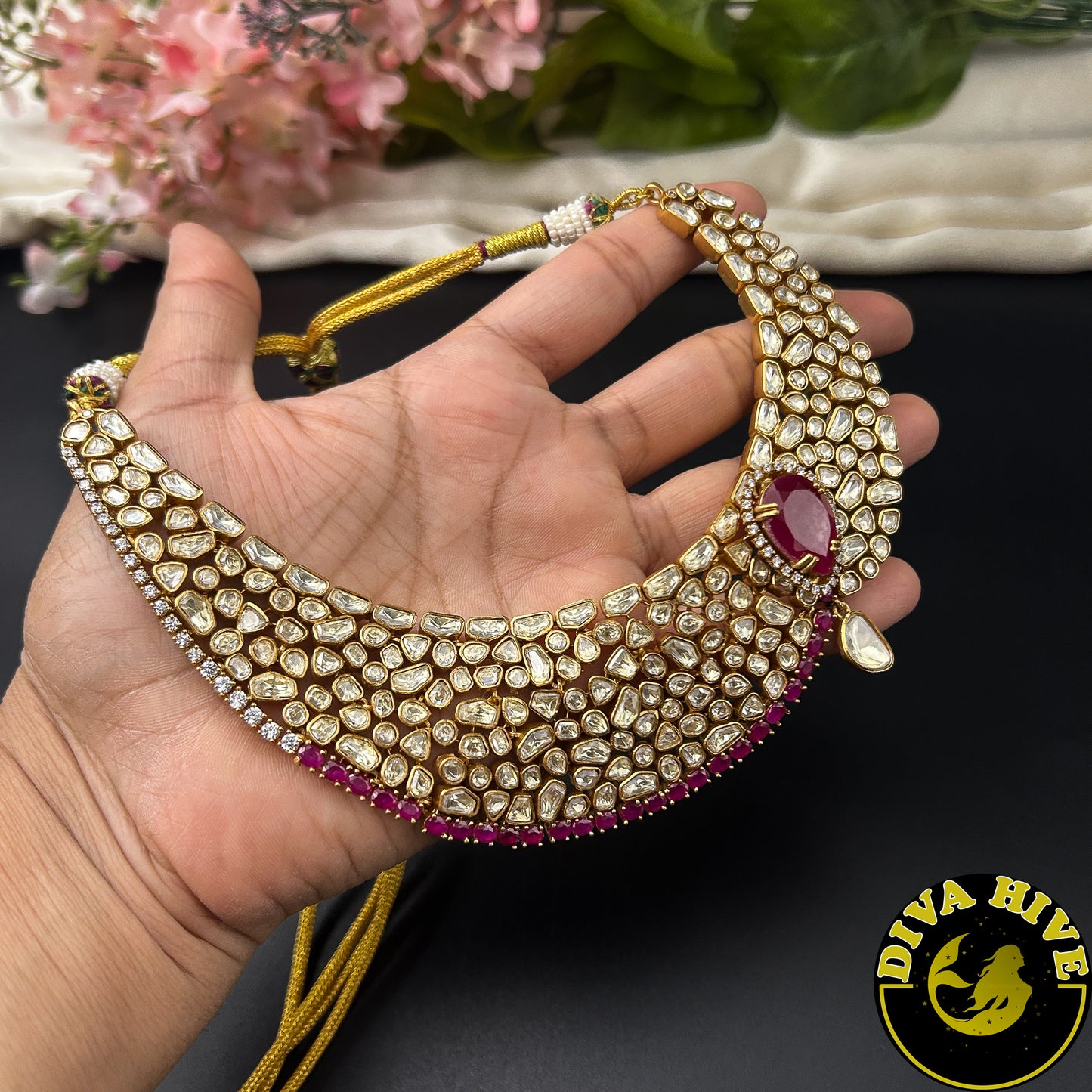 Saanya 22K Gold Plated Moissanite Bridal/Semi Bridal Necklace - Necklace -["1 GM Gold","Diva Exclusive","Green","moissanite","Necklace"] - Divahive