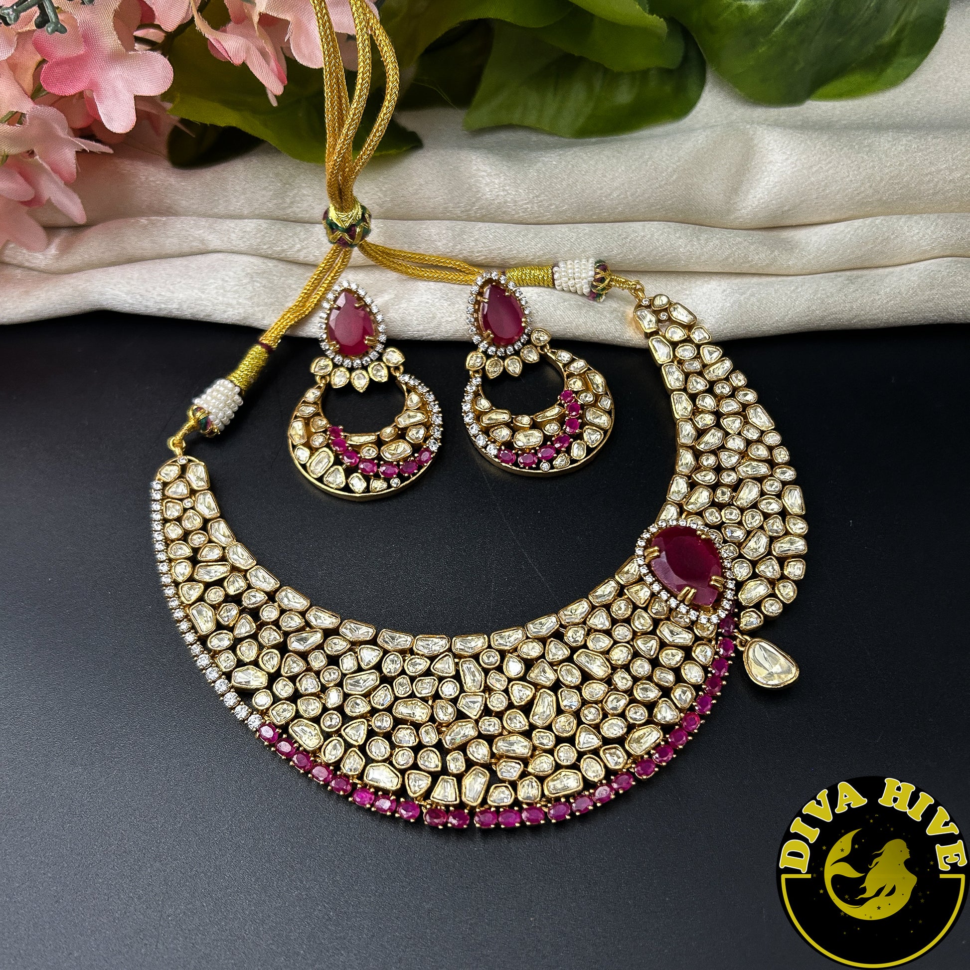 Saanya 22K Gold Plated Moissanite Bridal/Semi Bridal Necklace - Necklace -["1 GM Gold","Diva Exclusive","Green","moissanite","Necklace"] - Divahive
