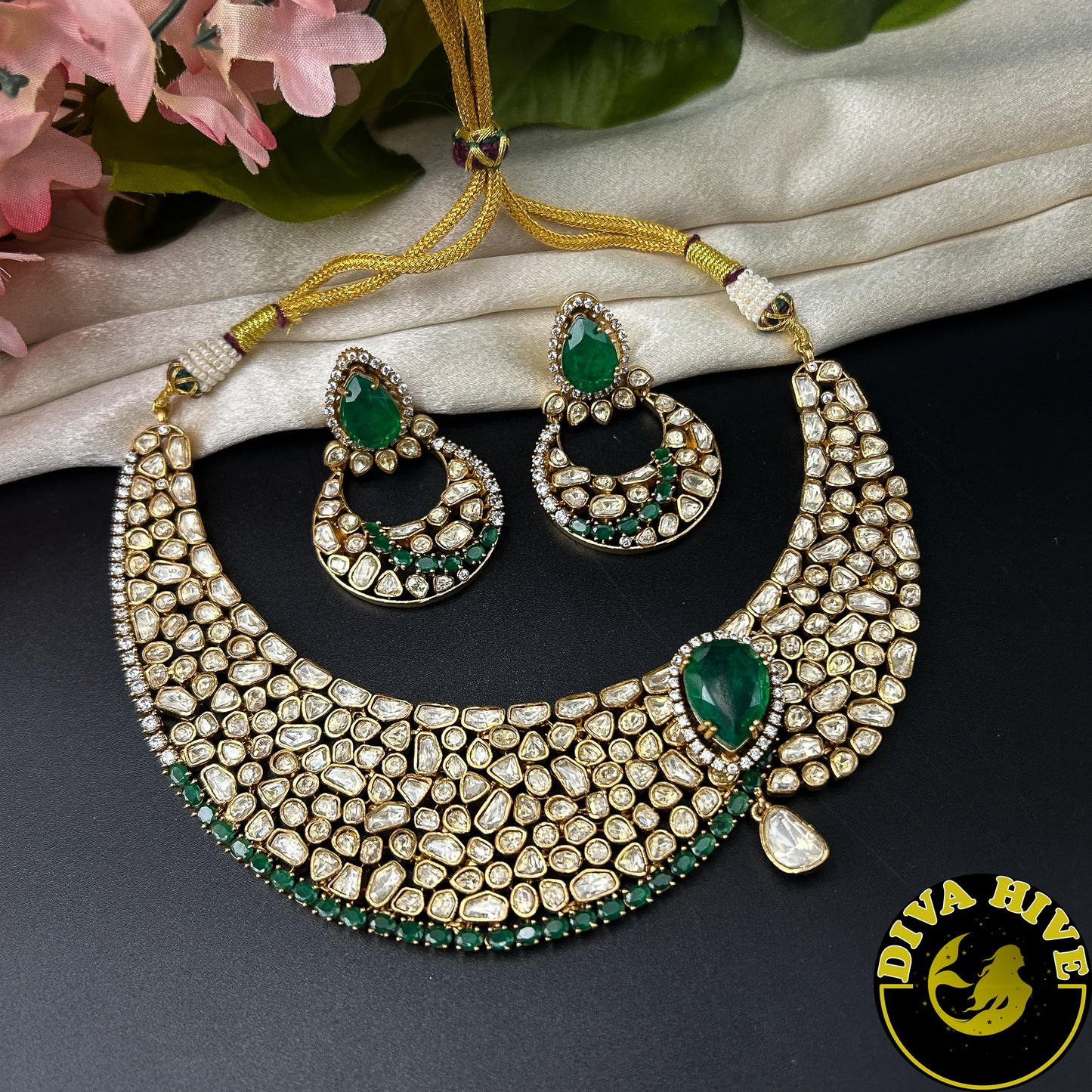 Saanya 22K Gold Plated Moissanite Bridal/Semi Bridal Necklace - Necklace -["1 GM Gold","Diva Exclusive","Green","moissanite","Necklace"] - Divahive