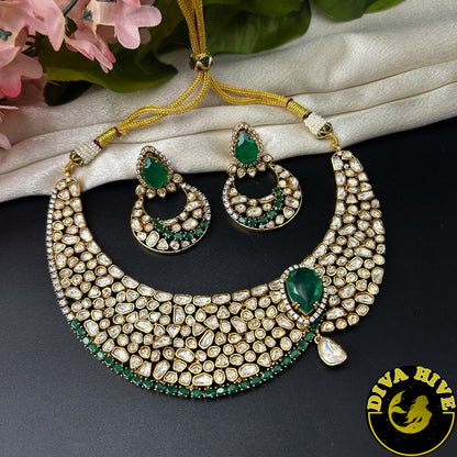 Saanya 22K Gold Plated Moissanite Bridal/Semi Bridal Necklace - Necklace -["1 GM Gold","Diva Exclusive","Green","moissanite","Necklace"] - Divahive