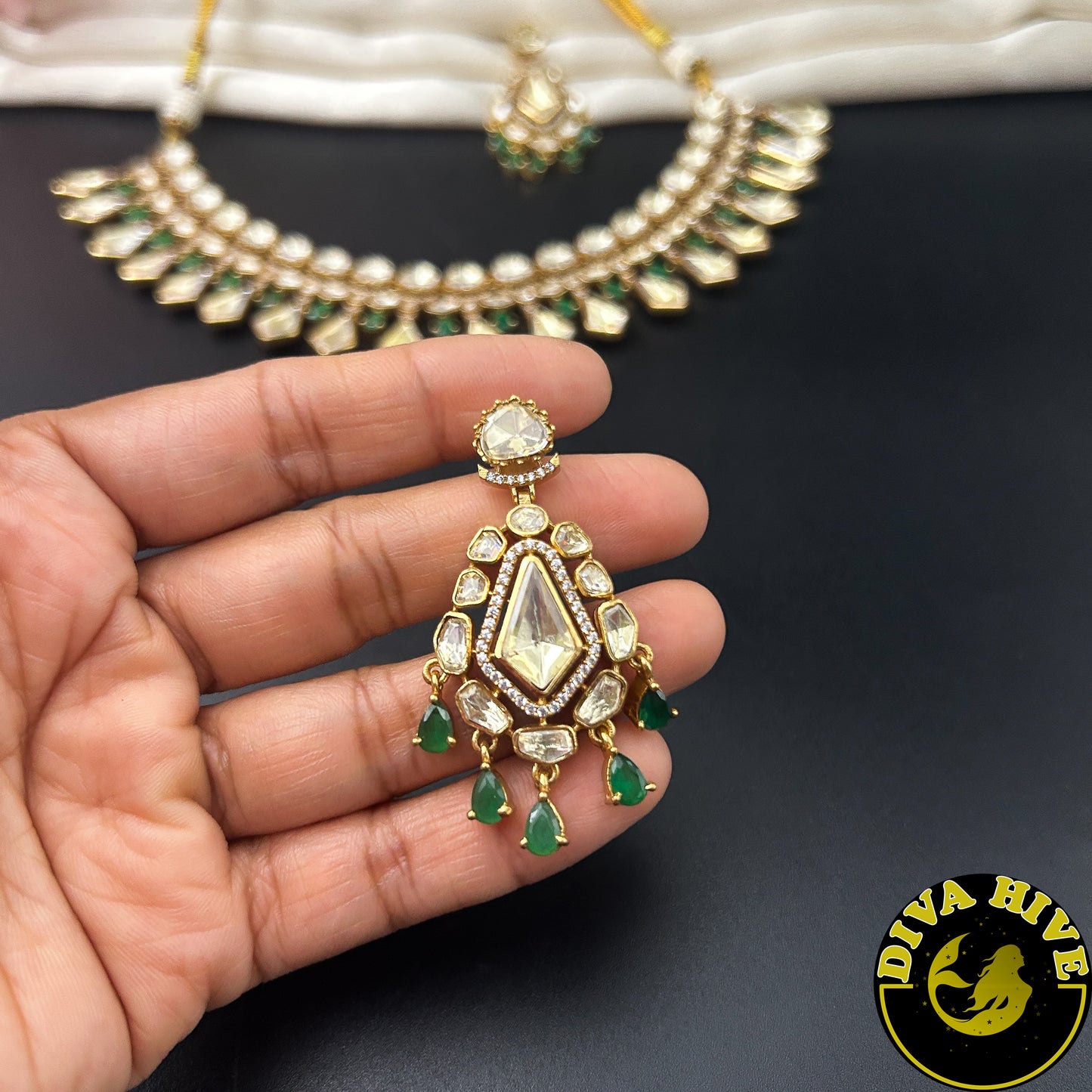 Saachi Moissanite Doublet 22K Gold Plated Necklace Set -  -["24K Gold Plated","Diva Exclusive","featured","Kundan","moissanite","Necklace"] - Divahive