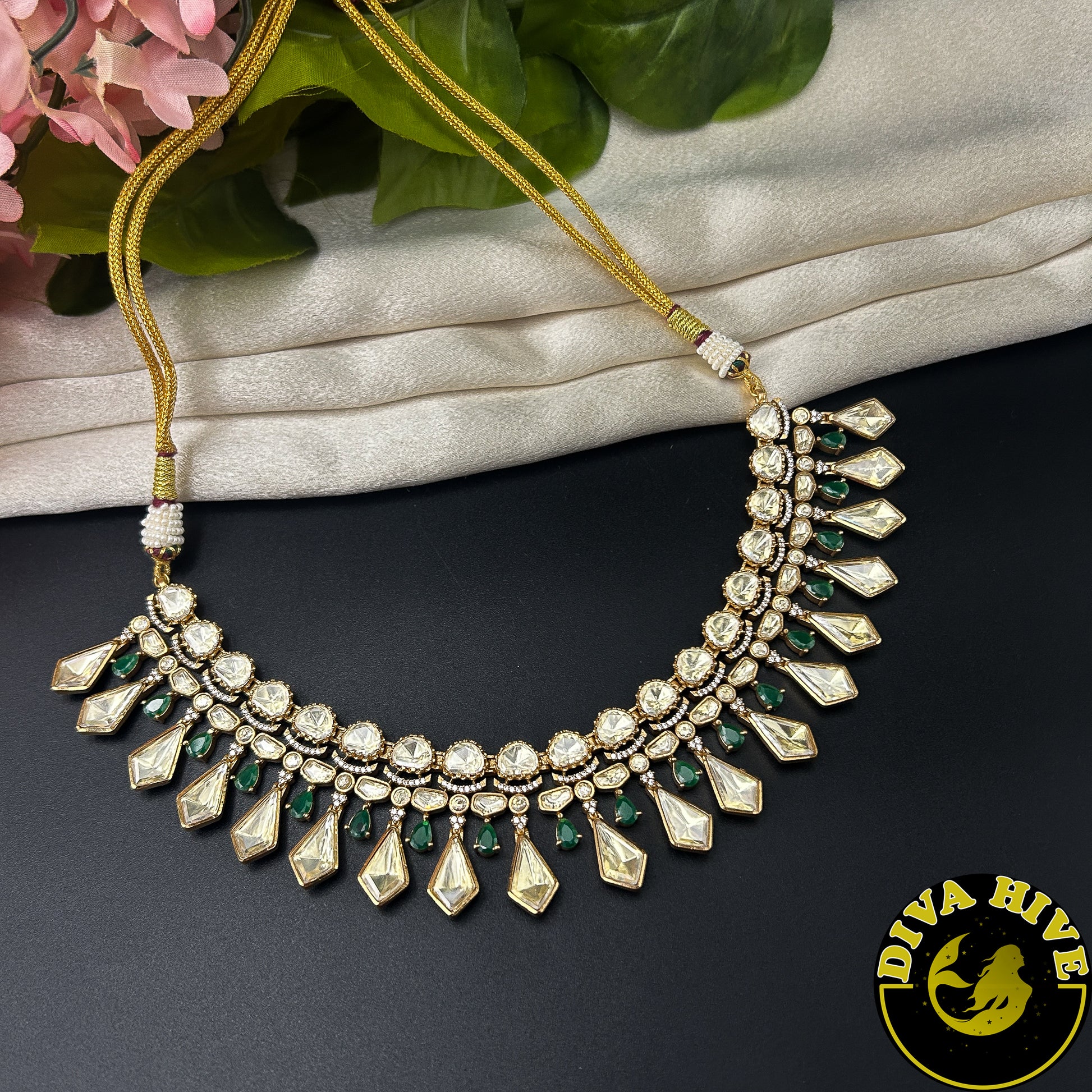 Saachi Moissanite Doublet 22K Gold Plated Necklace Set -  -["24K Gold Plated","Diva Exclusive","featured","Kundan","moissanite","Necklace"] - Divahive