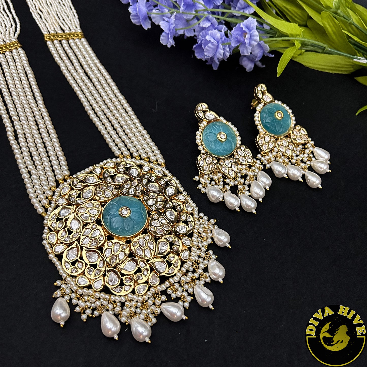 Diva Statement Long Necklace -  -carved stone, Kundan, Necklace, pachi kundan - Divahive