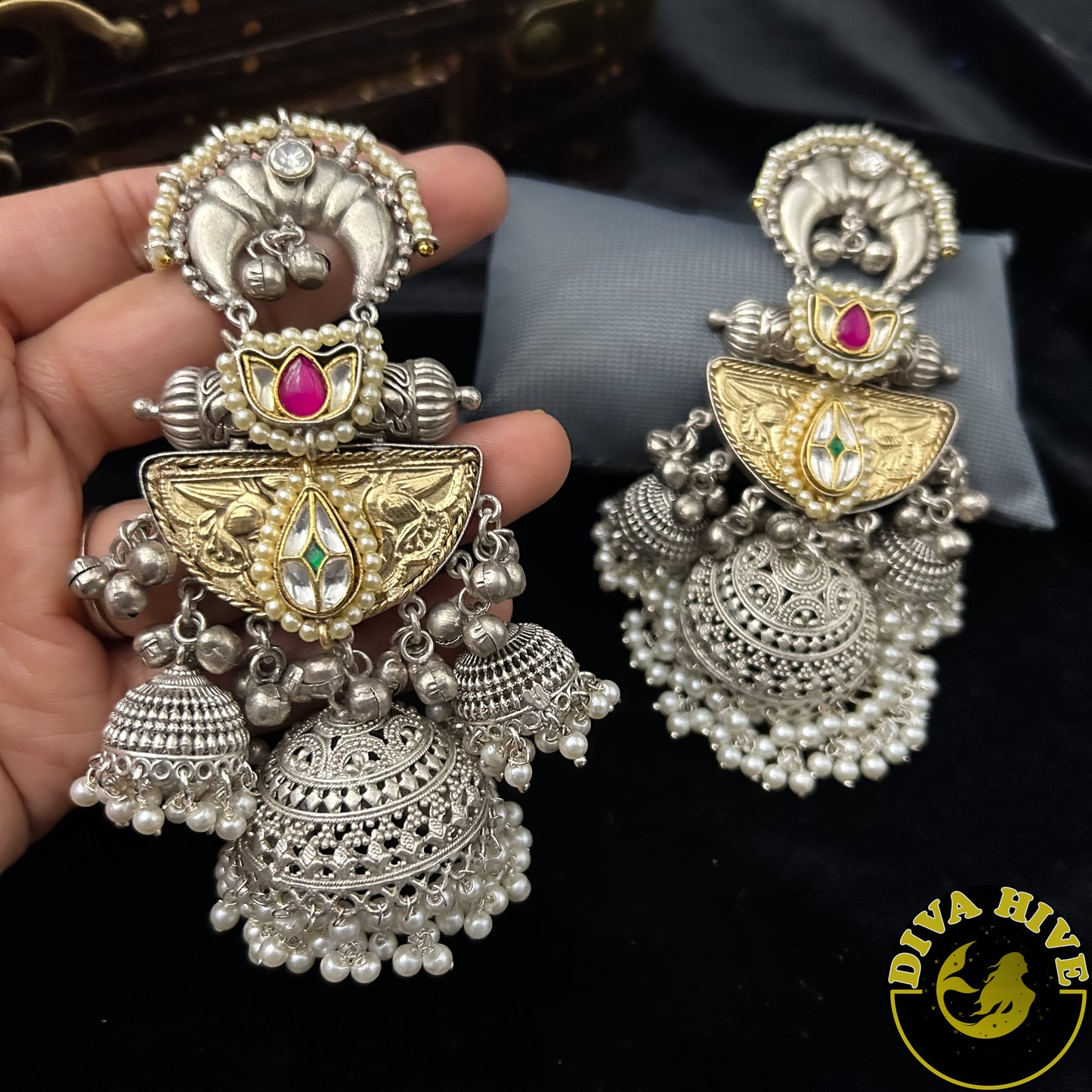 Three Layer Jaali Jumka | Statement Earring - Earring -925Silver, Diva Exclusive, Earring, Fusion, Silver - Divahive