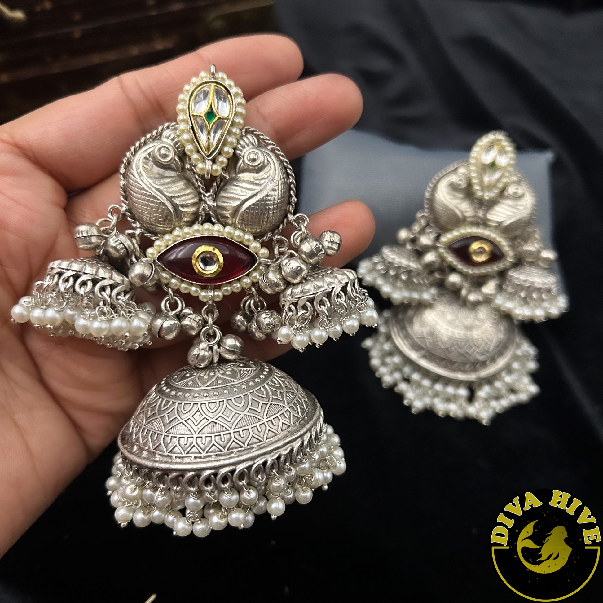 Three Layer Kamini Jumka | Statement Earring - Earring -925Silver, Diva Exclusive, Earring, Fusion, Silver - Divahive