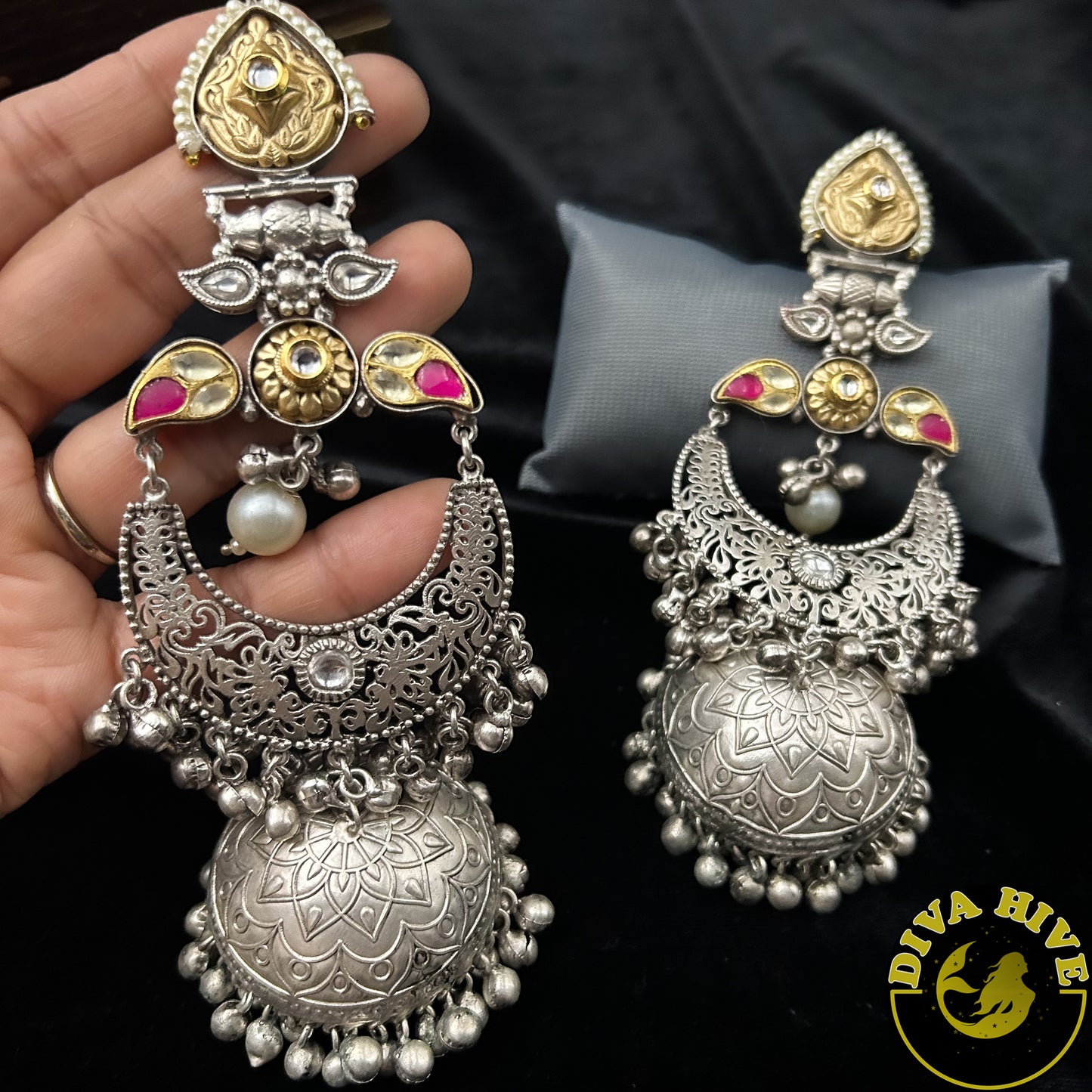 Dera  Long  Jhumka - Earring -925Silver, Diva Exclusive, Earring, Fusion, Silver - Divahive