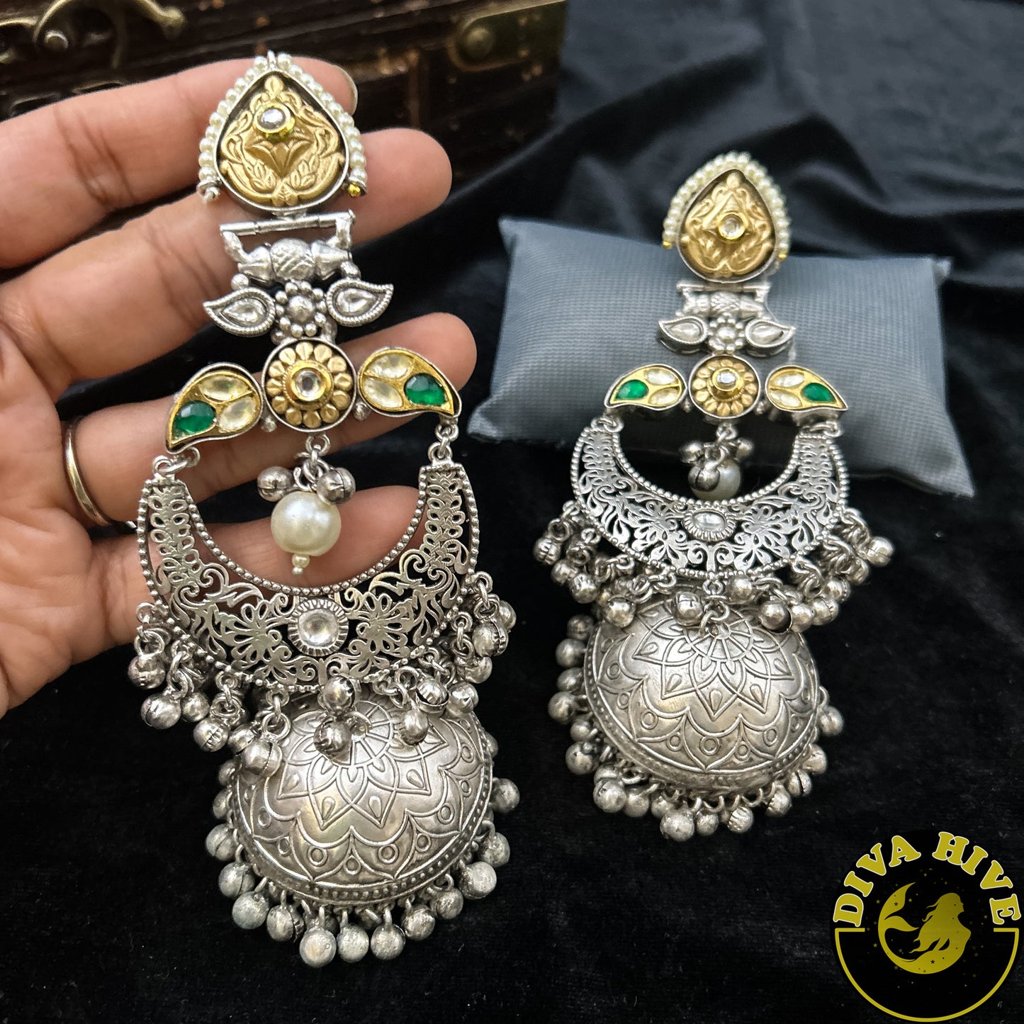 Dera  Long  Jhumka - Earring -925Silver, Diva Exclusive, Earring, Fusion, Silver - Divahive