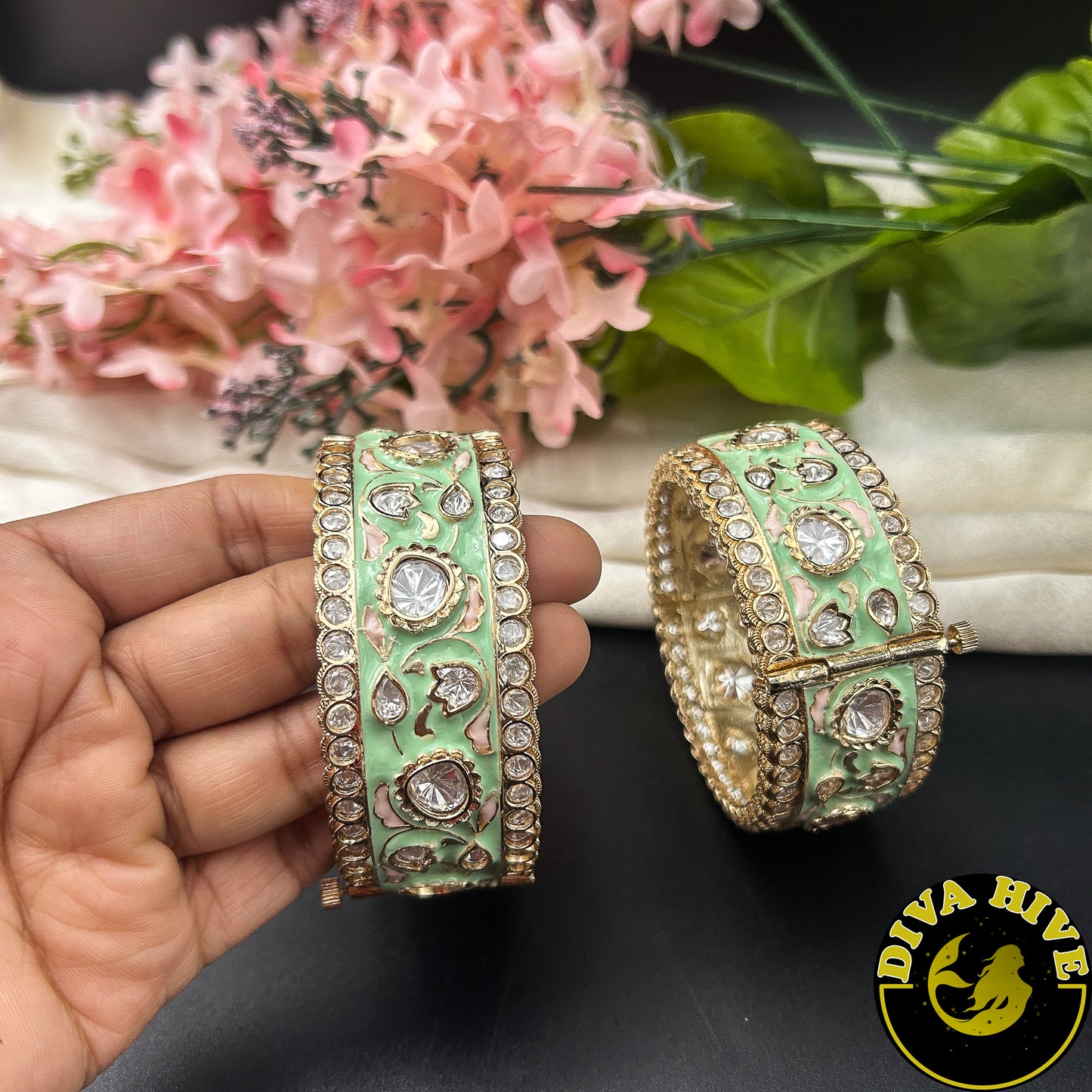 Pashmina Kundan Meena Bangle - Bangle -["Bangle","Bracelet","Diva Exclusive","Kundan","Meenawork"] - Divahive