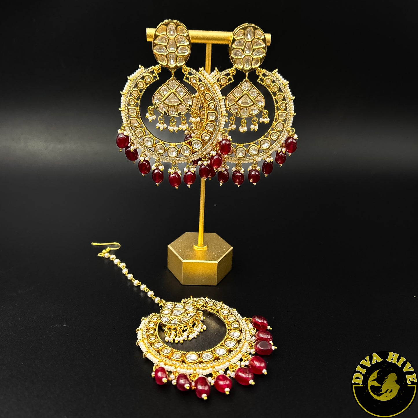 Gorgeous Chaandbali  with Maangtikka - Earring -Earing, Earring, Kundan - Divahive