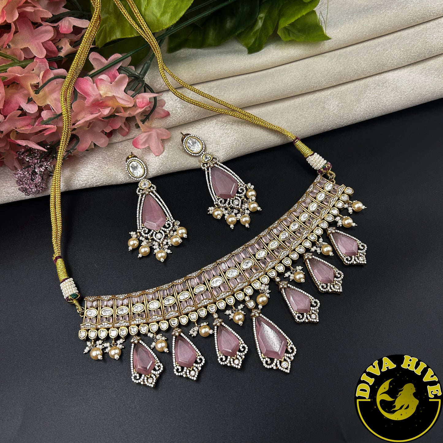 Noor 22K Gold Plated Moissanite Doublet Choker Set