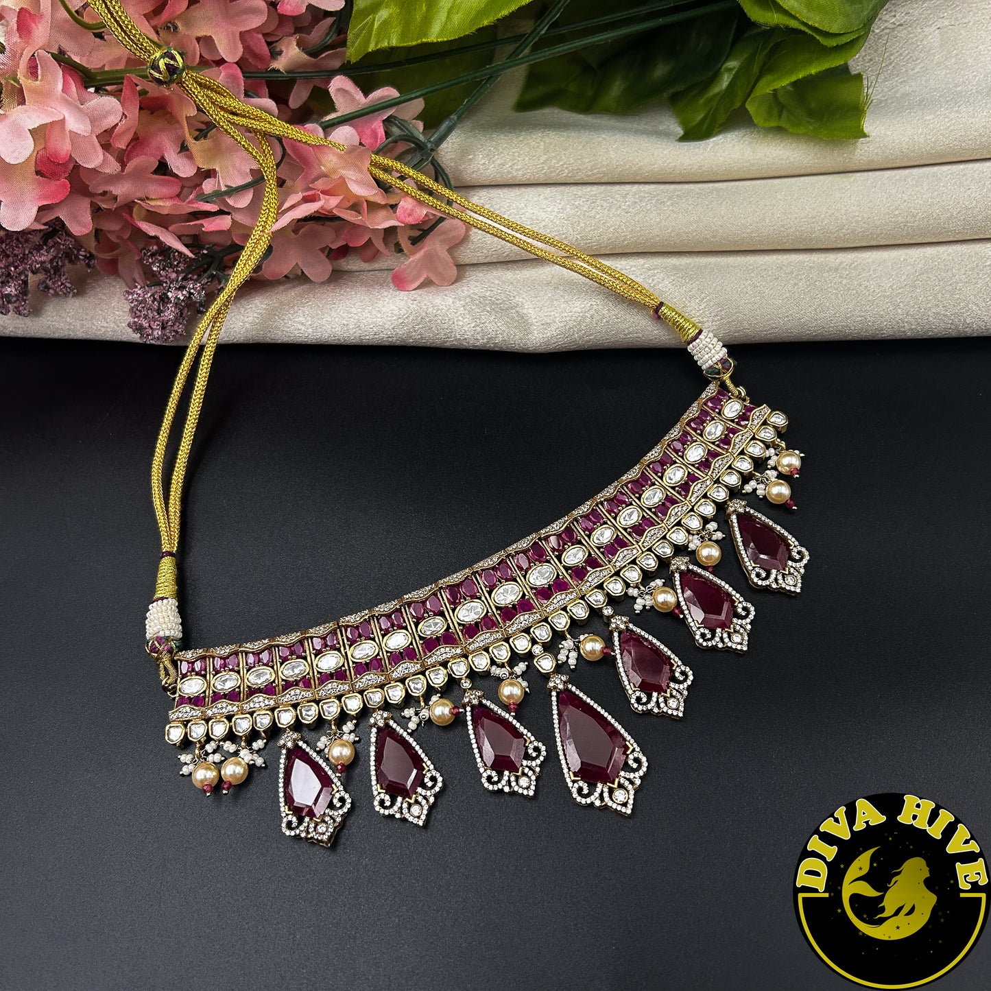 Noor 22K Gold Plated Moissanite Doublet Choker Set